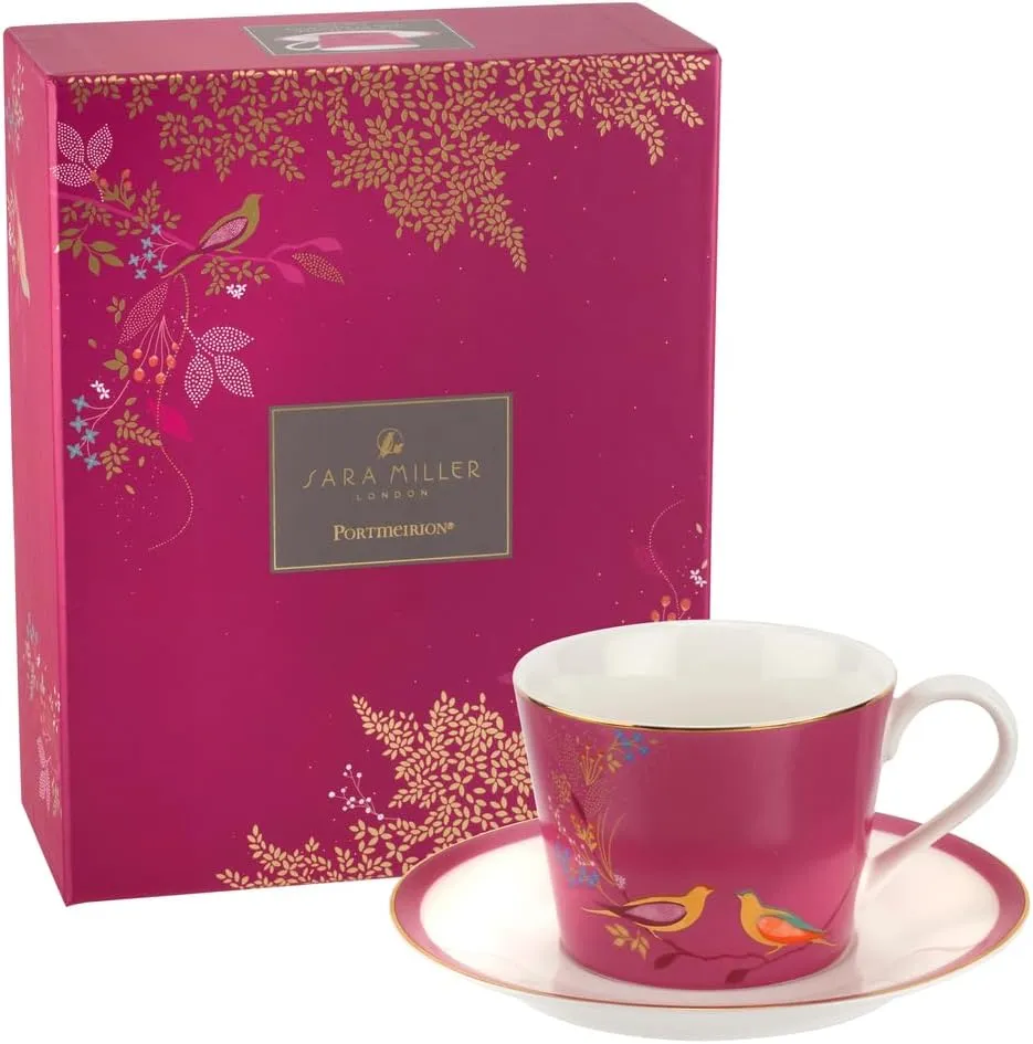 Portmeirion Sara Miller Chelsea 8oz Porcelain Tea Cup with Saucer, Pink with 22K Gold Trim - Featuring Birds on a Leafy Tree - Elegant Tea Party Set for Picnic Moments - Thoughtful Chinaware Gift