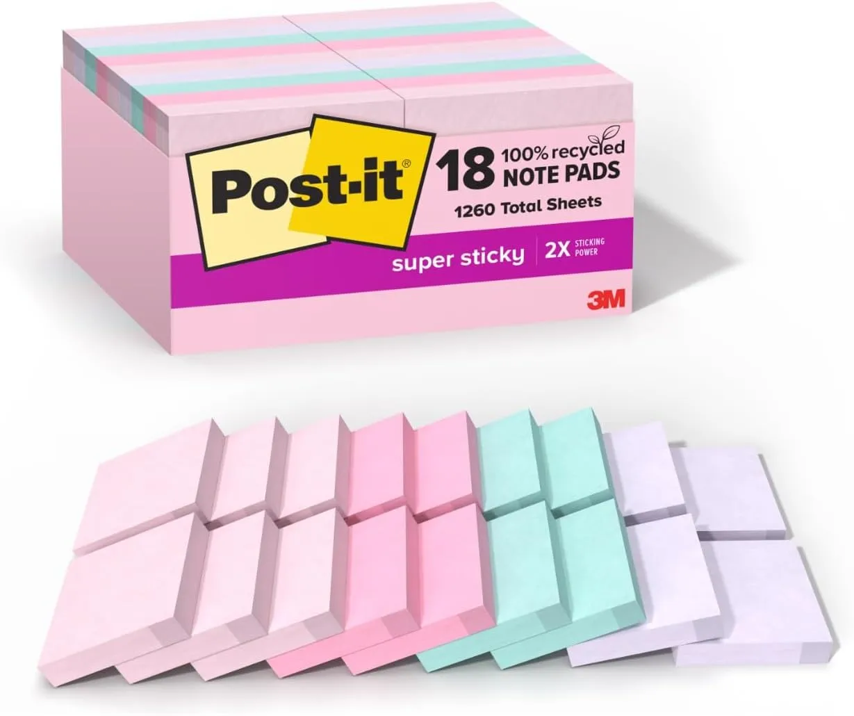 Post-it 100% Recycled Paper Super Sticky Notes, 18 Sticky Note Pads, 1 7/8 in. x 1 7/8 in., Wanderlust Pastels, School Supplies and Office Products