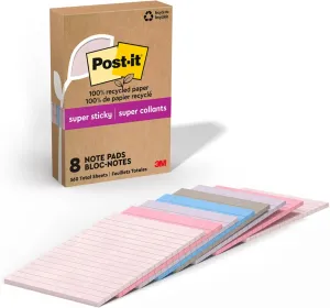 Post-it 100% Recycled Paper Super Sticky Notes, Lined, 4 in. x 6 in., 8 Pads, 45 Sheets per Pad, Wanderlust Pastels, School Supplies and Office Products