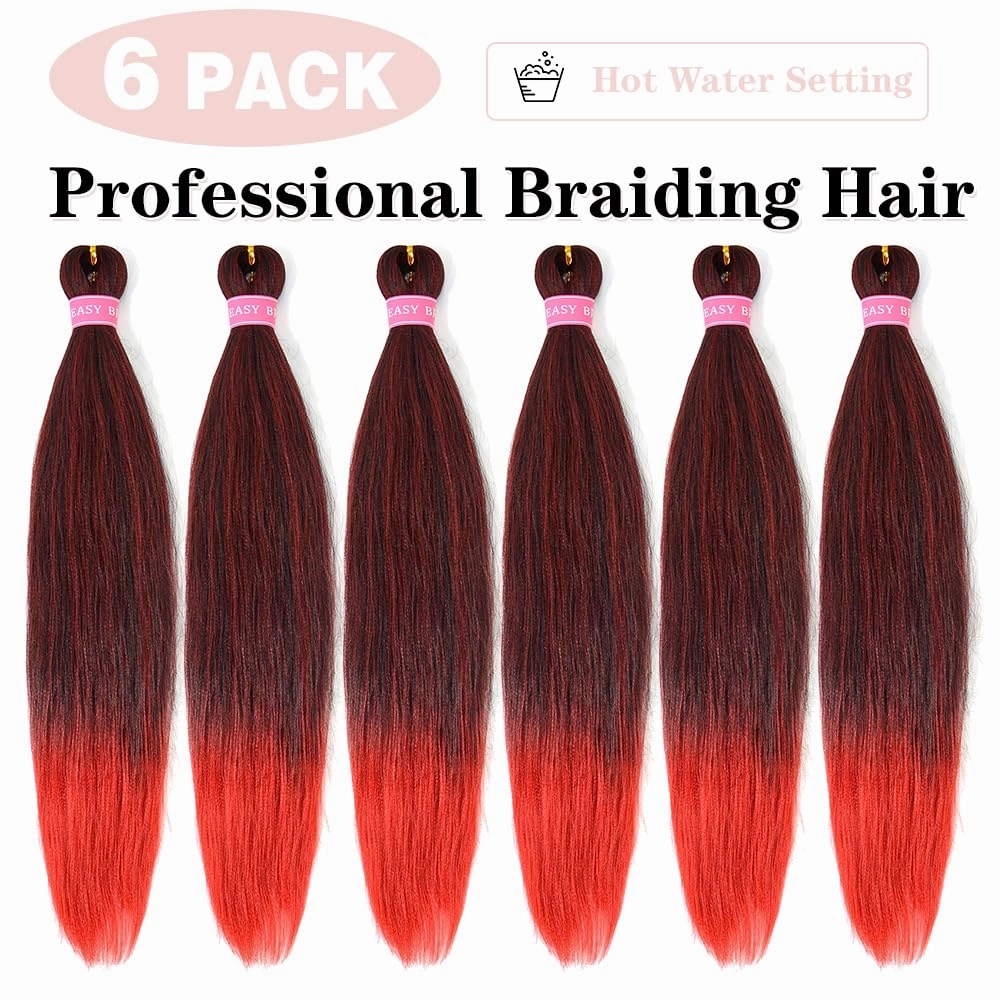 Pre Stretched Braiding Hair Extensions 20 Inch 6 Pack Ombre Red Braids Hair for Women (1B/Red)