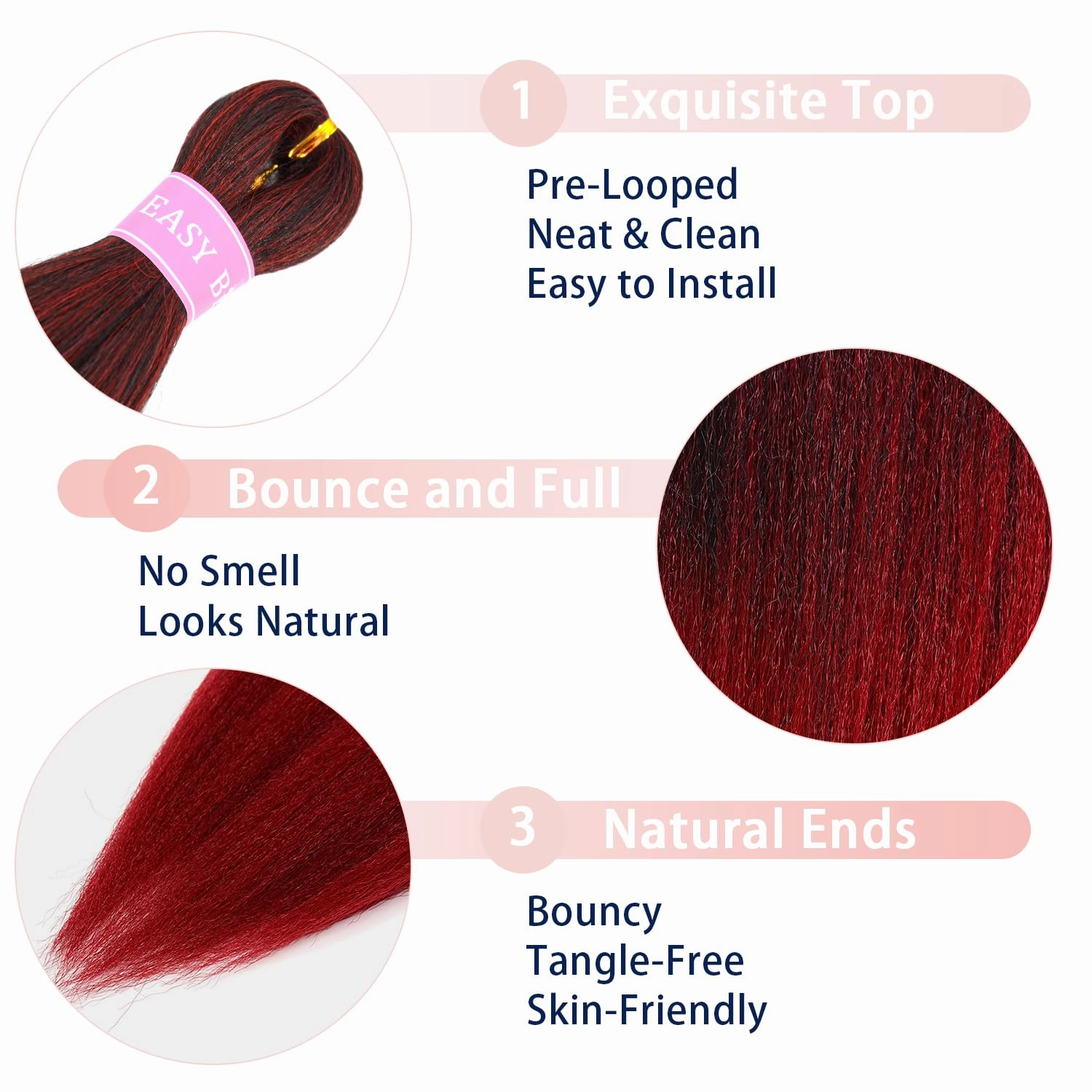 Pre Stretched Braiding Hair Extensions 20 Inch 6 Pack Ombre Red Braids Hair for Women (1B/Red)
