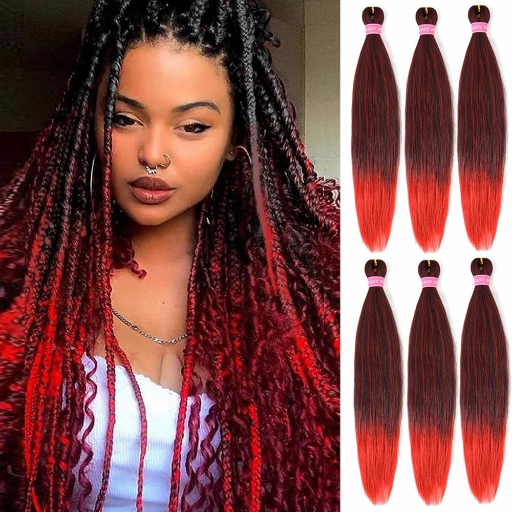 Pre Stretched Braiding Hair Extensions 20 Inch 6 Pack Ombre Red Braids Hair for Women (1B/Red)