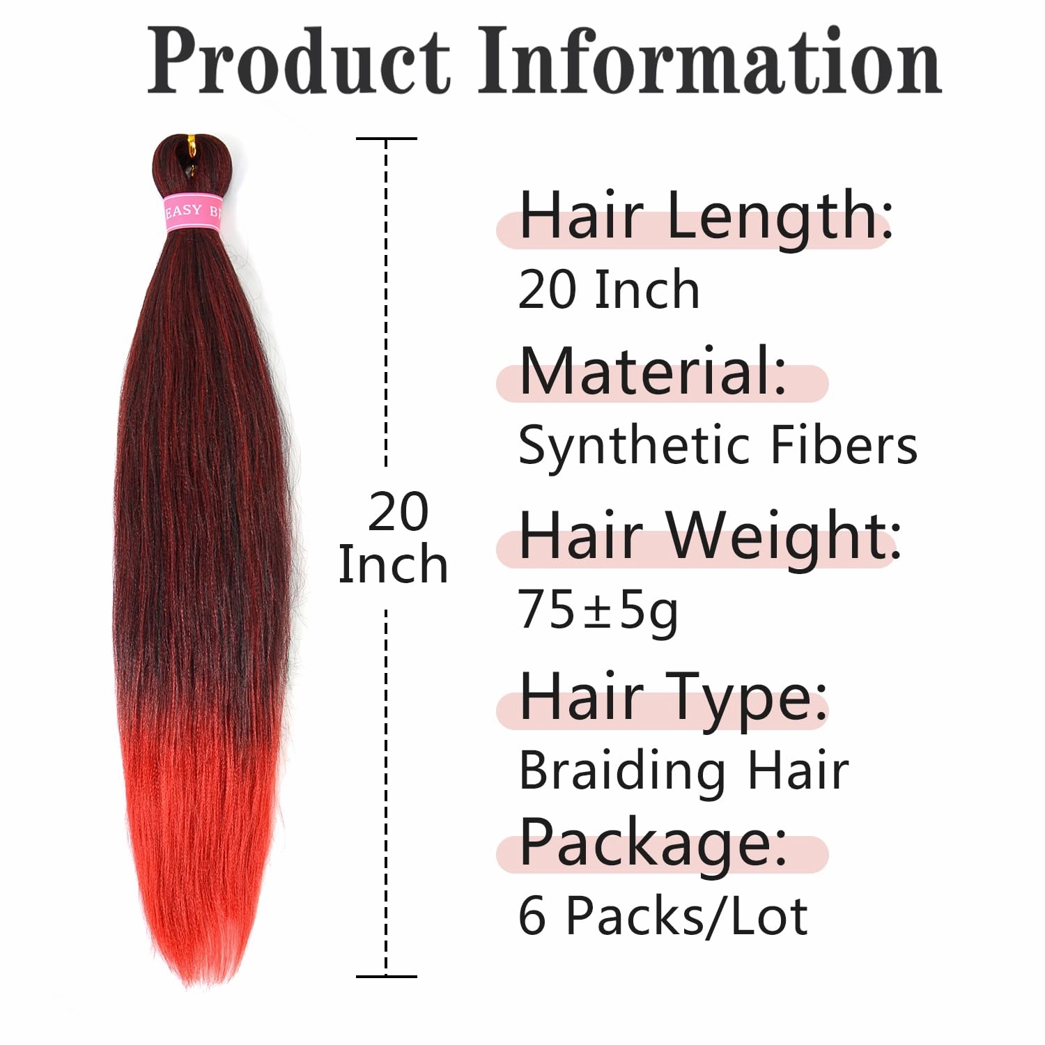 Pre Stretched Braiding Hair Extensions 20 Inch 6 Pack Ombre Red Braids Hair for Women (1B/Red)