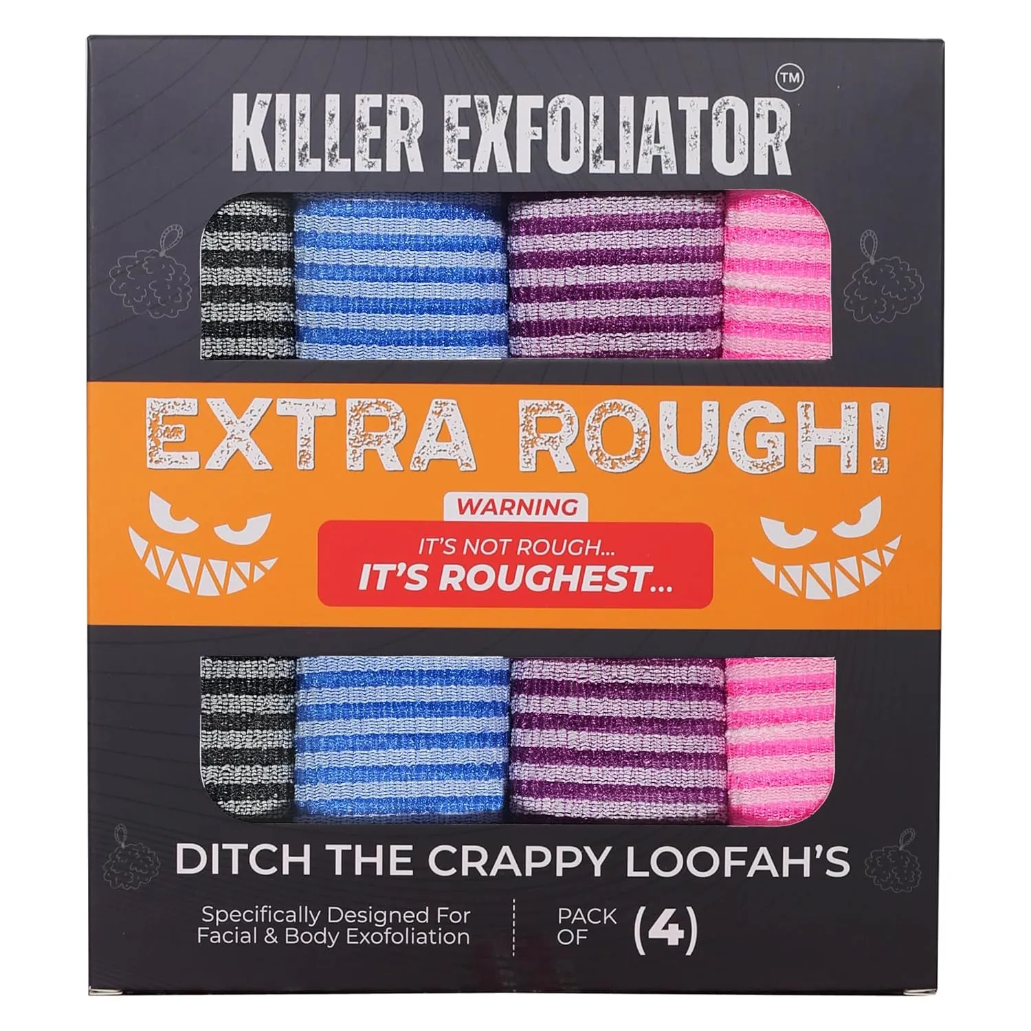 Premium Extra-Rough Japanese Exfoliating Body Scrubber: Extra Long, Hygienic, Body Scrubber Exfoliator for Men & Women - 4 Count Pack (Black, Blue, Purple & Pink)