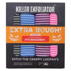 Premium Extra-Rough Japanese Exfoliating Body Scrubber: Extra Long, Hygienic, Body Scrubber Exfoliator for Men & Women - 4 Count Pack (Black, Blue, Purple & Pink)