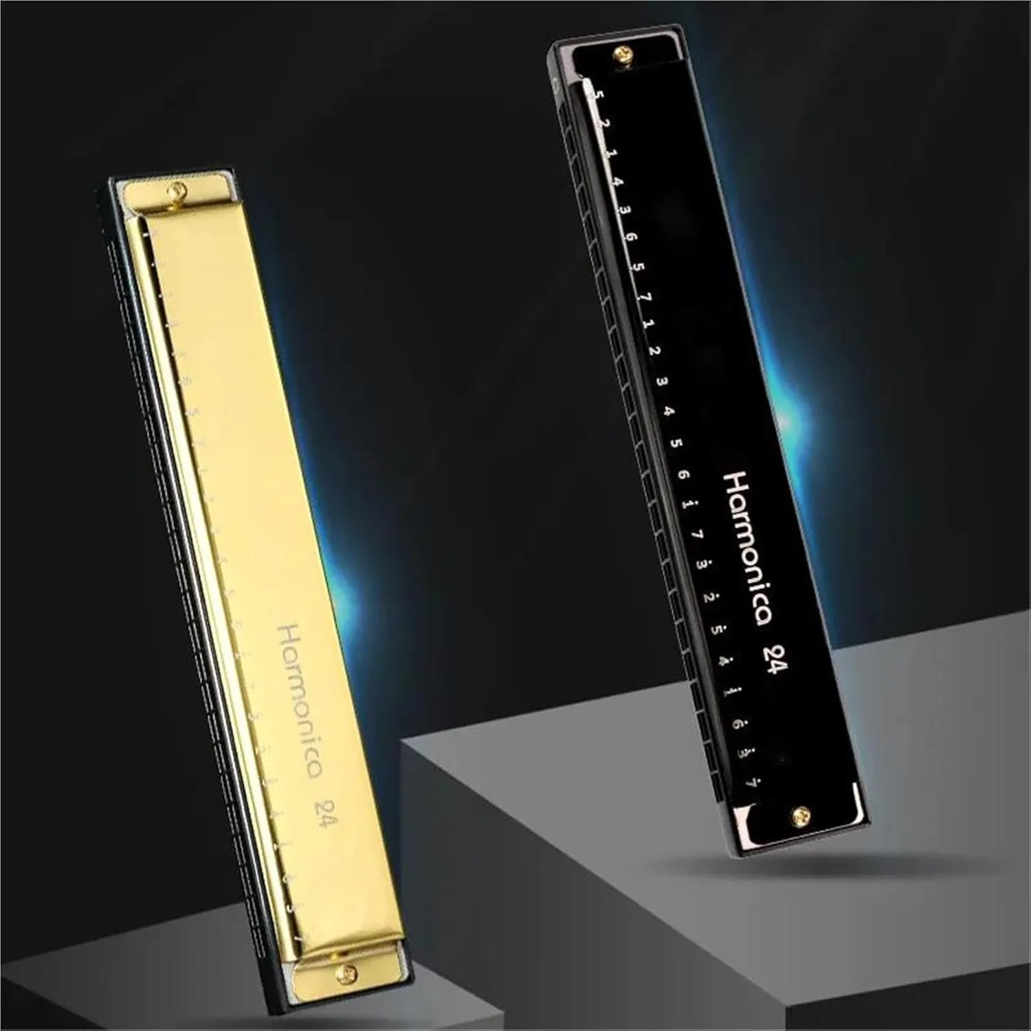 Professional Beginners Adults 24 Hole 48 Tone Silver Harmonica Half Scale(Gold)