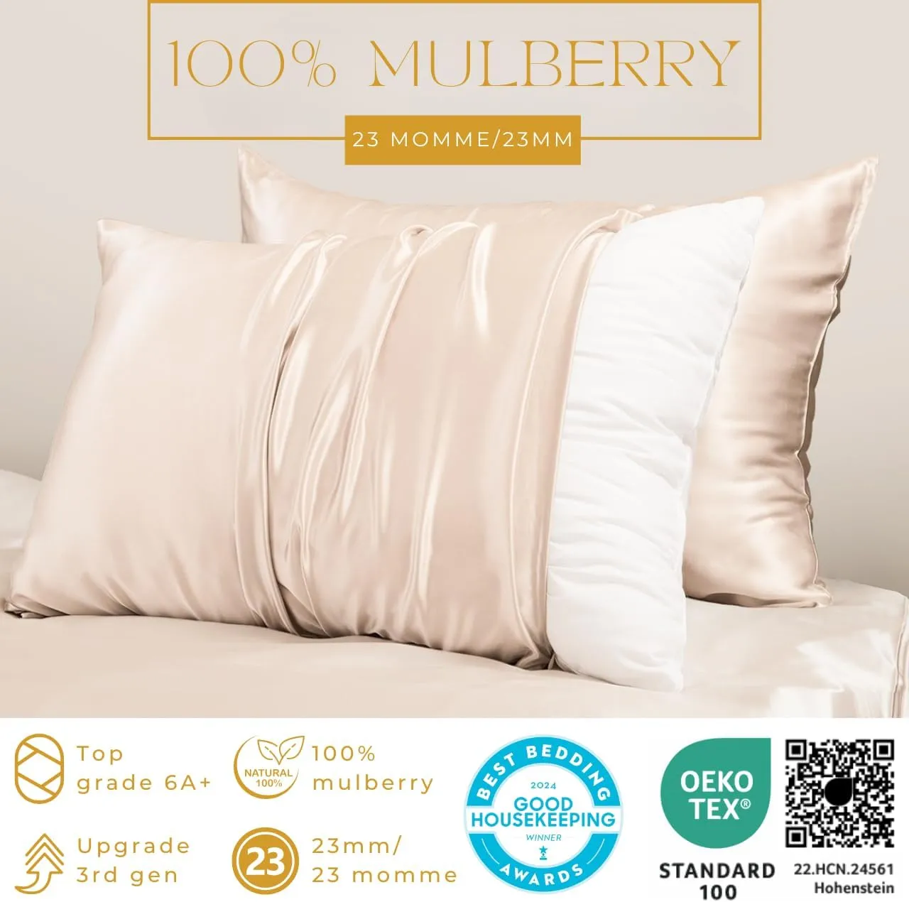PROMEED 23 Momme Silk Pillowcase 2 Pack Toddler/Travel Size with Free Laundry Bag, Highest Grade 6A  100% Mulberry Silk Pillow Case Set of 2, Zipper (Toddler/Travel 13"x18", Champagne)