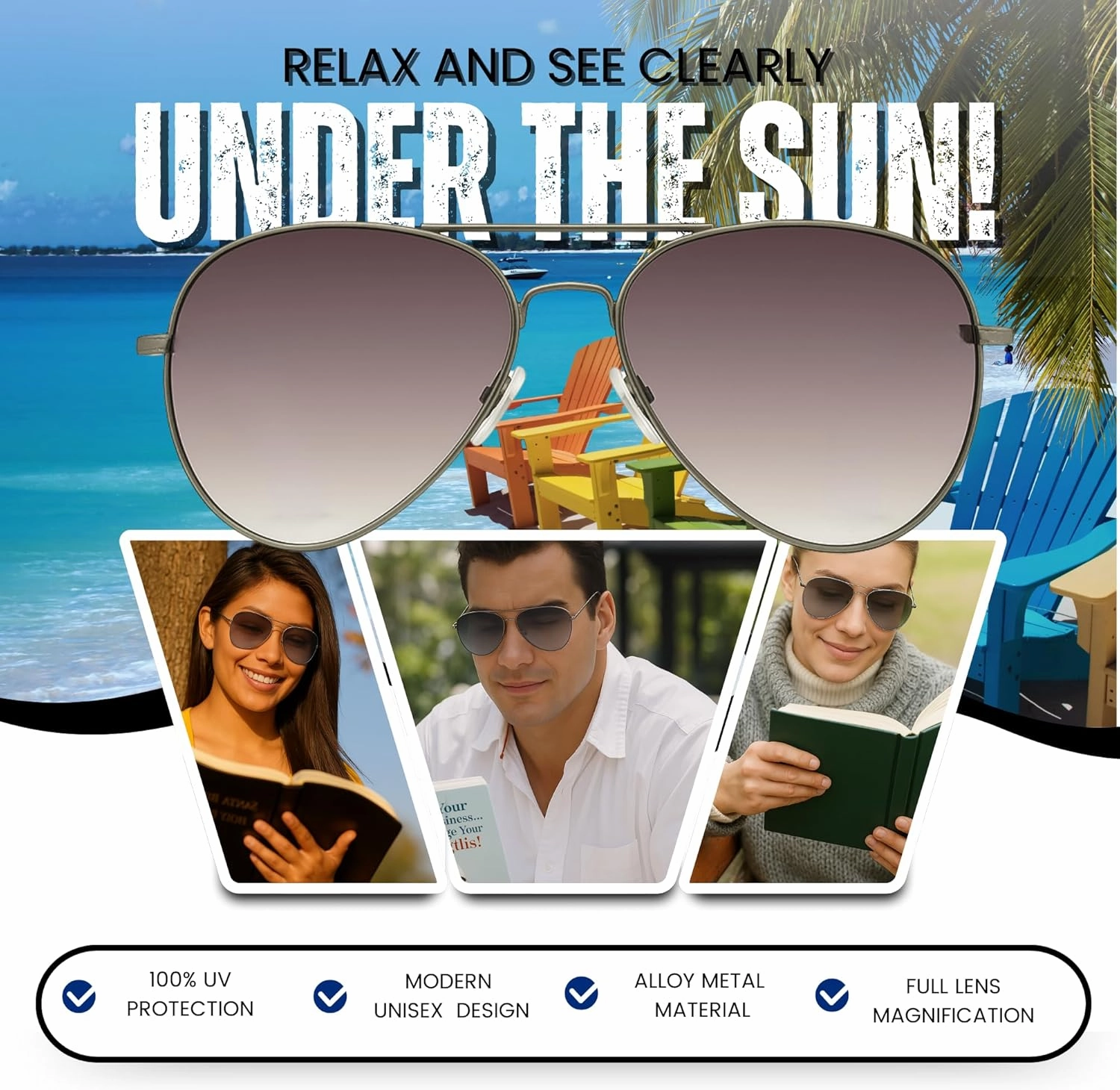 proSPORT Reading Sunglass Tinted FULL LENS Sun Reader Glasses Aviator Large Men Women NOT BIFOCAL