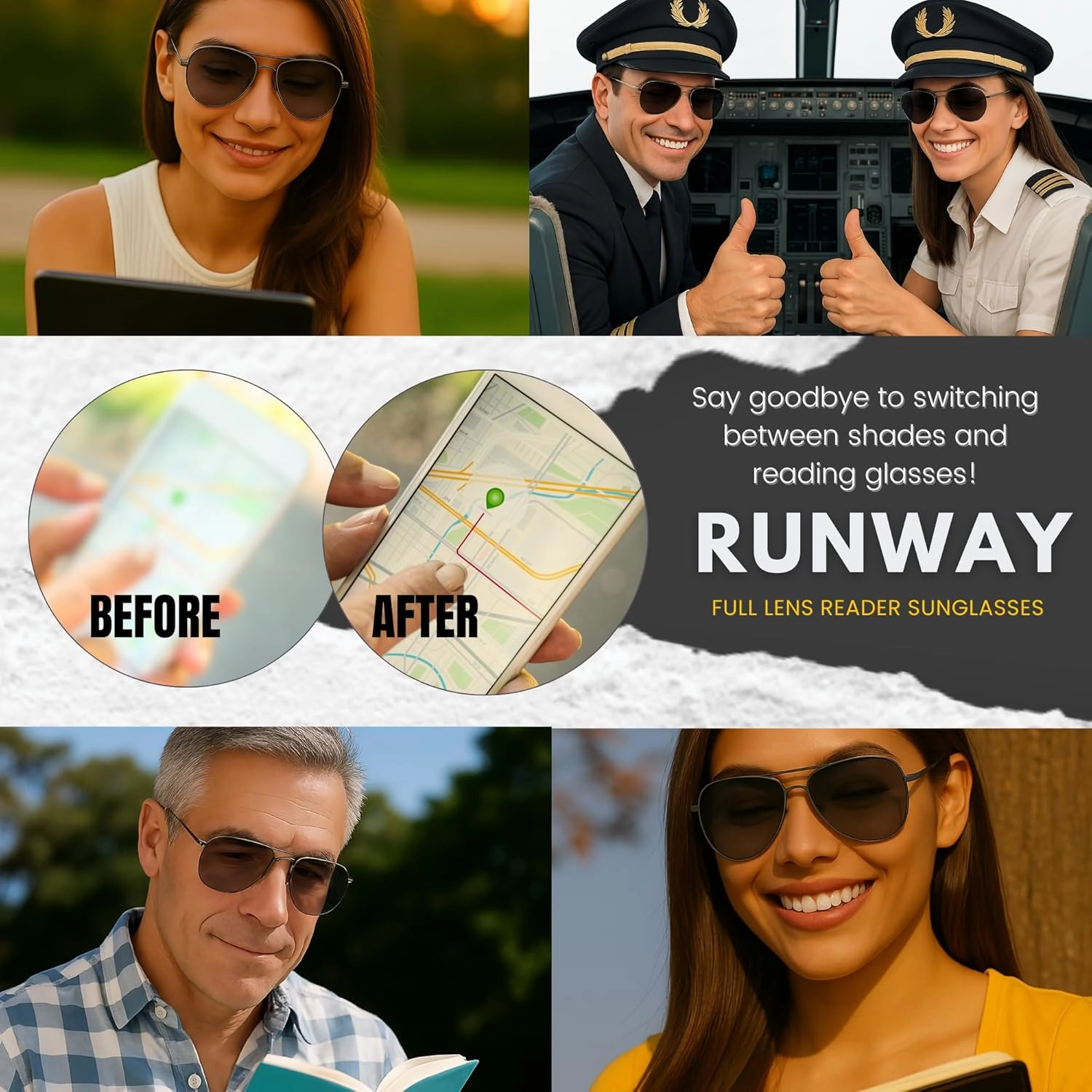 proSPORT Reading Sunglass Tinted FULL LENS Sun Reader Glasses Aviator Large Men Women NOT BIFOCAL