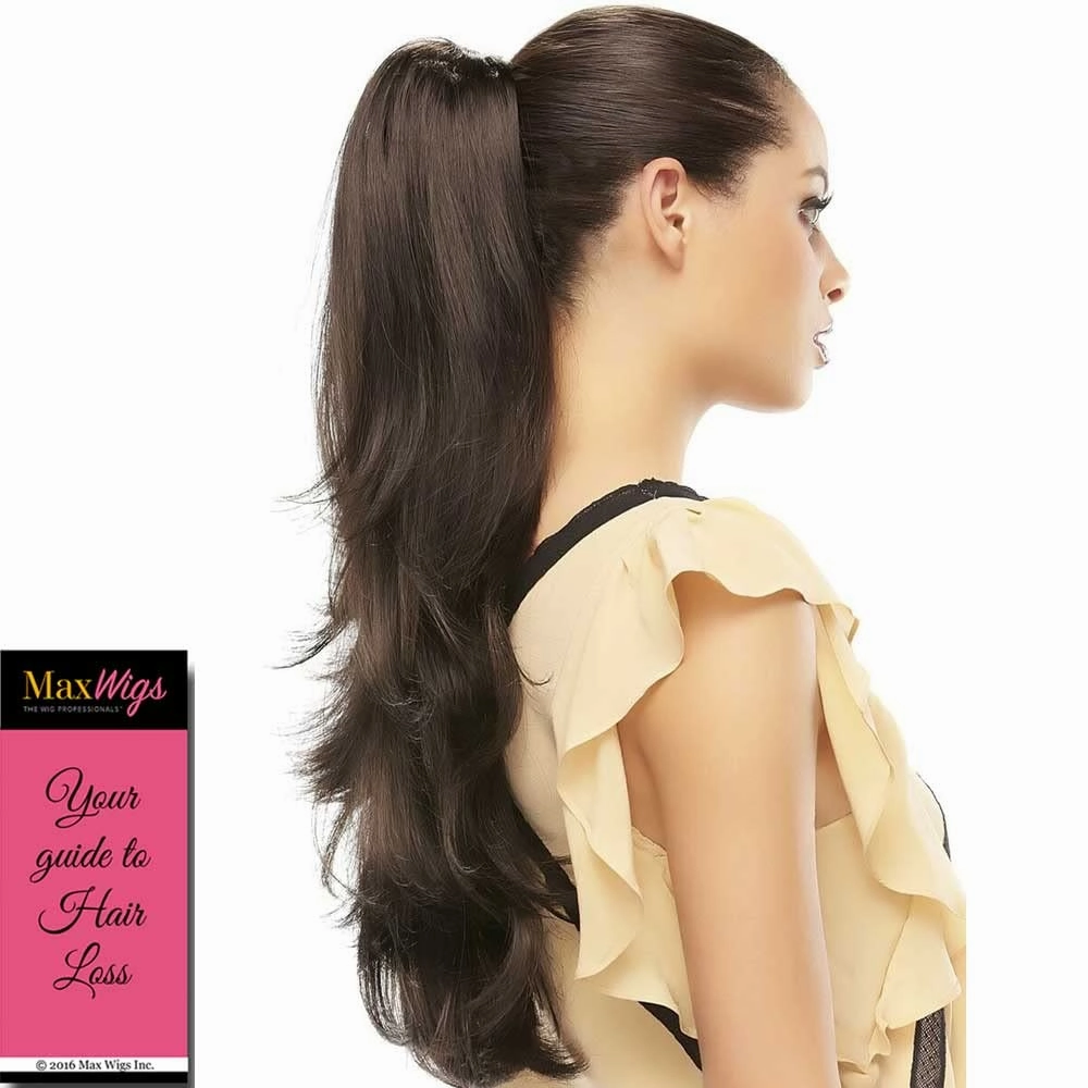 Provocative Ponytail Color 12F Pecan Praline Easihair Hairpieces 14" - 20" Length Reversible Claw Clip Attachment Synthetic Wavy Layered Pony Clip On Bundle MaxWigs Hairloss Booklet