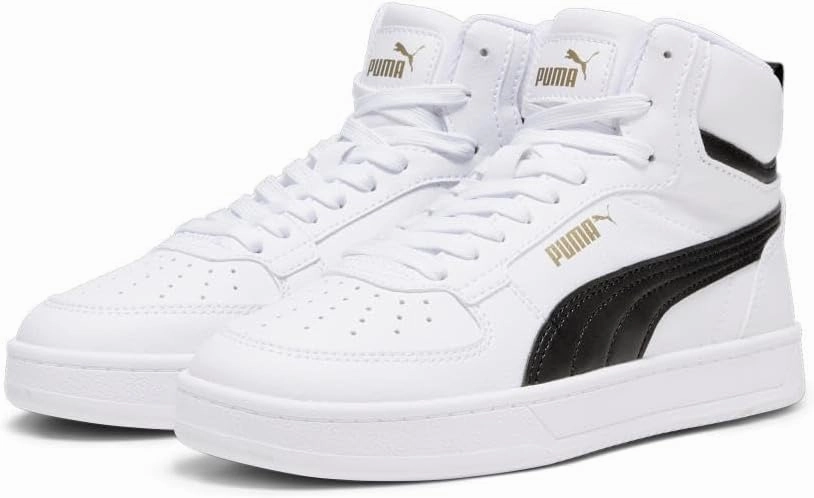 PUMA Unisex-Child Shoes Caven 2.0 Mid Sneaker, White Black-Gold, 5 US Big Kid