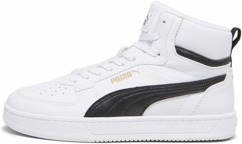 PUMA Unisex-Child Shoes Caven 2.0 Mid Sneaker, White Black-Gold, 5 US Big Kid