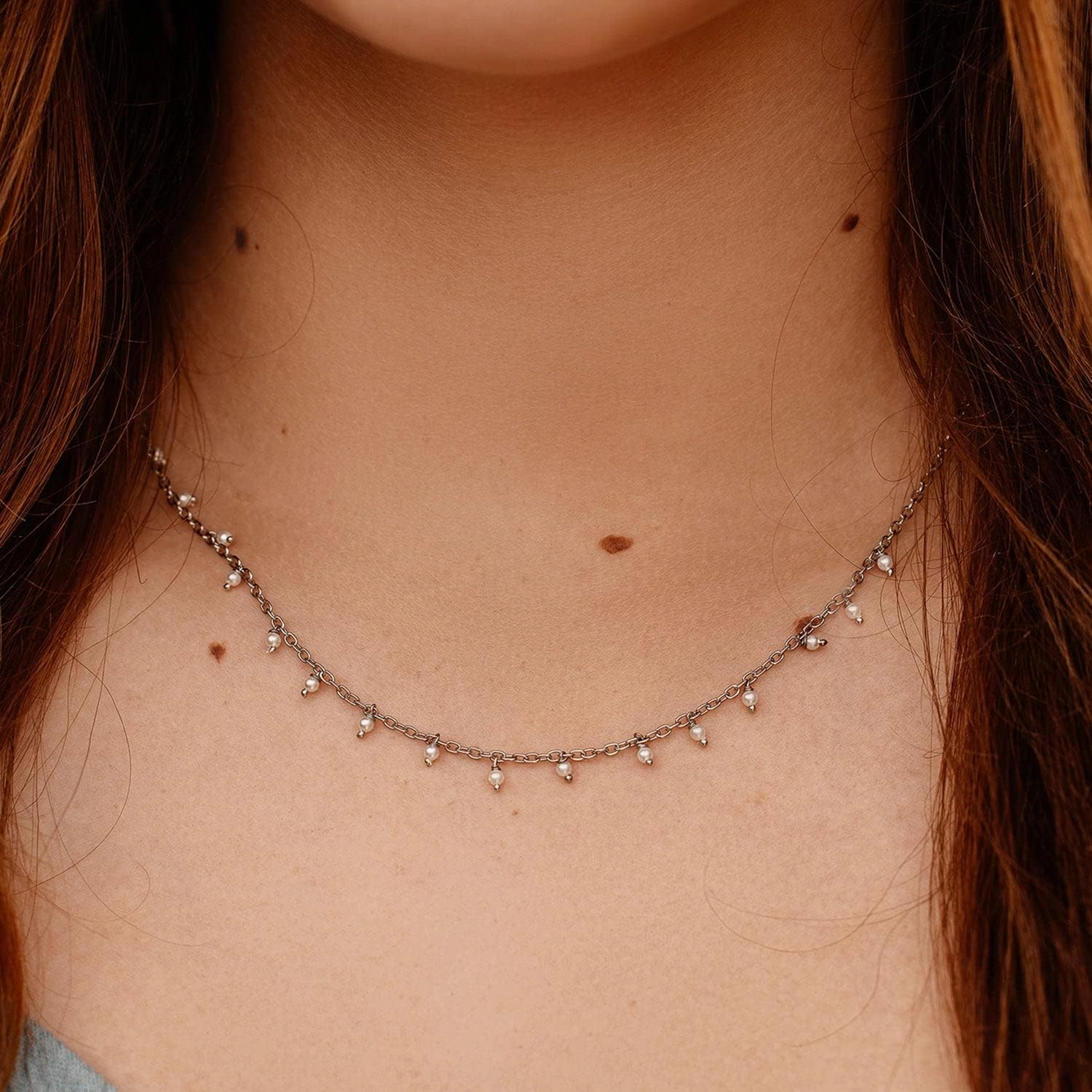Pura Vida 14" Silver or Rose Gold Hanging Pearl Beaded Choker Necklace - Statement Necklace with Synthetic Pearls - Necklace for Women, Necklaces for Ladies, Boho Jewelry for Women - 3" Extender