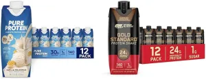 Pure Protein Vanilla Protein Shake, 30g Complete Protein, Vitamins A, C, D, and E plus Zinc & Optimum Nutrition Gold Standard Protein Shake, 24g Protein, Ready to Drink Protein Shake
