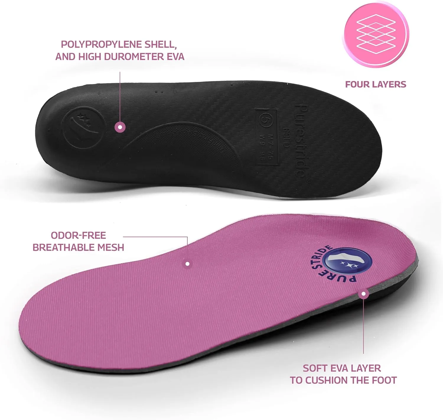 Pure Stride Bold Professional Full Length Orthotics - Shoe Support for Metatarsals, High Arch, Flat Feet - Pain Relief for Plantar Fasciitis, Arch, Heel - 1 Pair, Men's 6-6.5/Women’s 8-8.5, Bold Pink