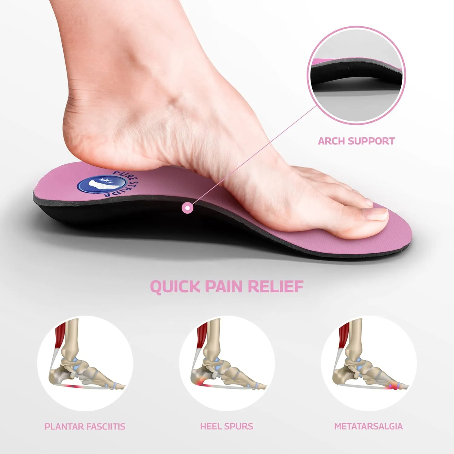 Pure Stride Bold Professional Full Length Orthotics - Shoe Support for Metatarsals, High Arch, Flat Feet - Pain Relief for Plantar Fasciitis, Arch, Heel - 1 Pair, Men's 6-6.5/Women’s 8-8.5, Bold Pink