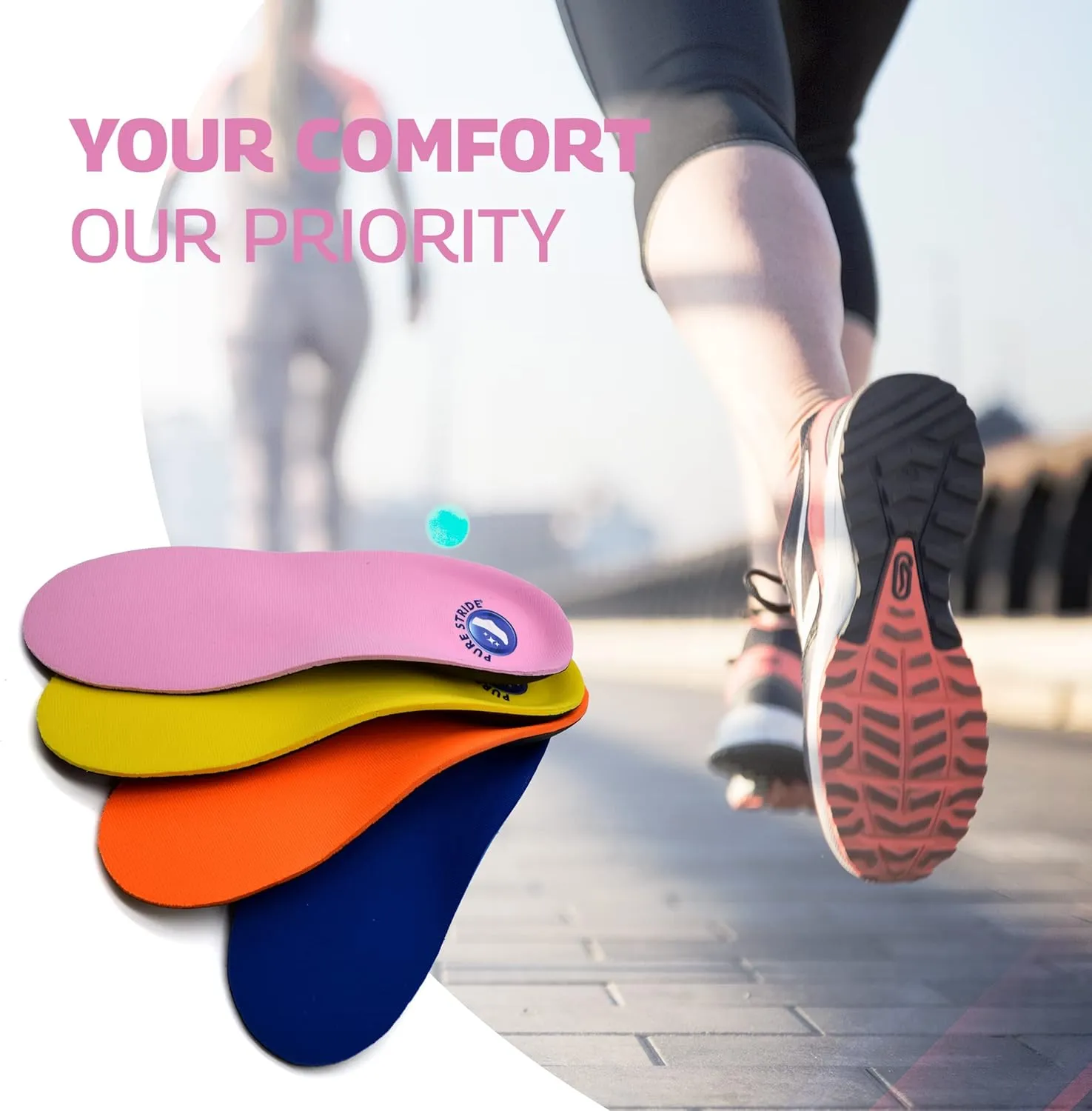 Pure Stride Bold Professional Full Length Orthotics - Shoe Support for Metatarsals, High Arch, Flat Feet - Pain Relief for Plantar Fasciitis, Arch, Heel - 1 Pair, Men's 6-6.5/Women’s 8-8.5, Bold Pink