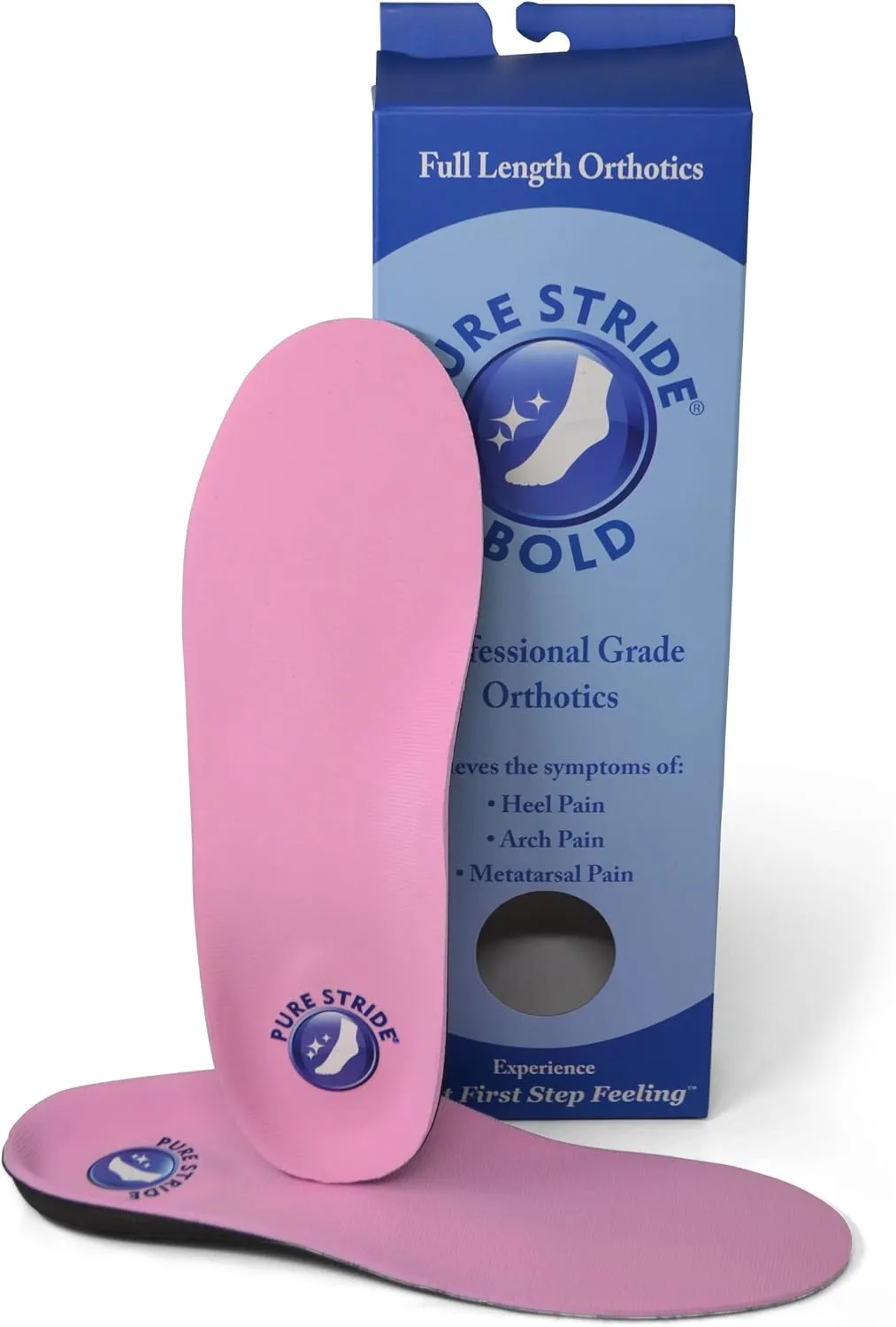 Pure Stride Bold Professional Full Length Orthotics - Shoe Support for Metatarsals, High Arch, Flat Feet - Pain Relief for Plantar Fasciitis, Arch, Heel - 1 Pair, Men's 6-6.5/Women’s 8-8.5, Bold Pink