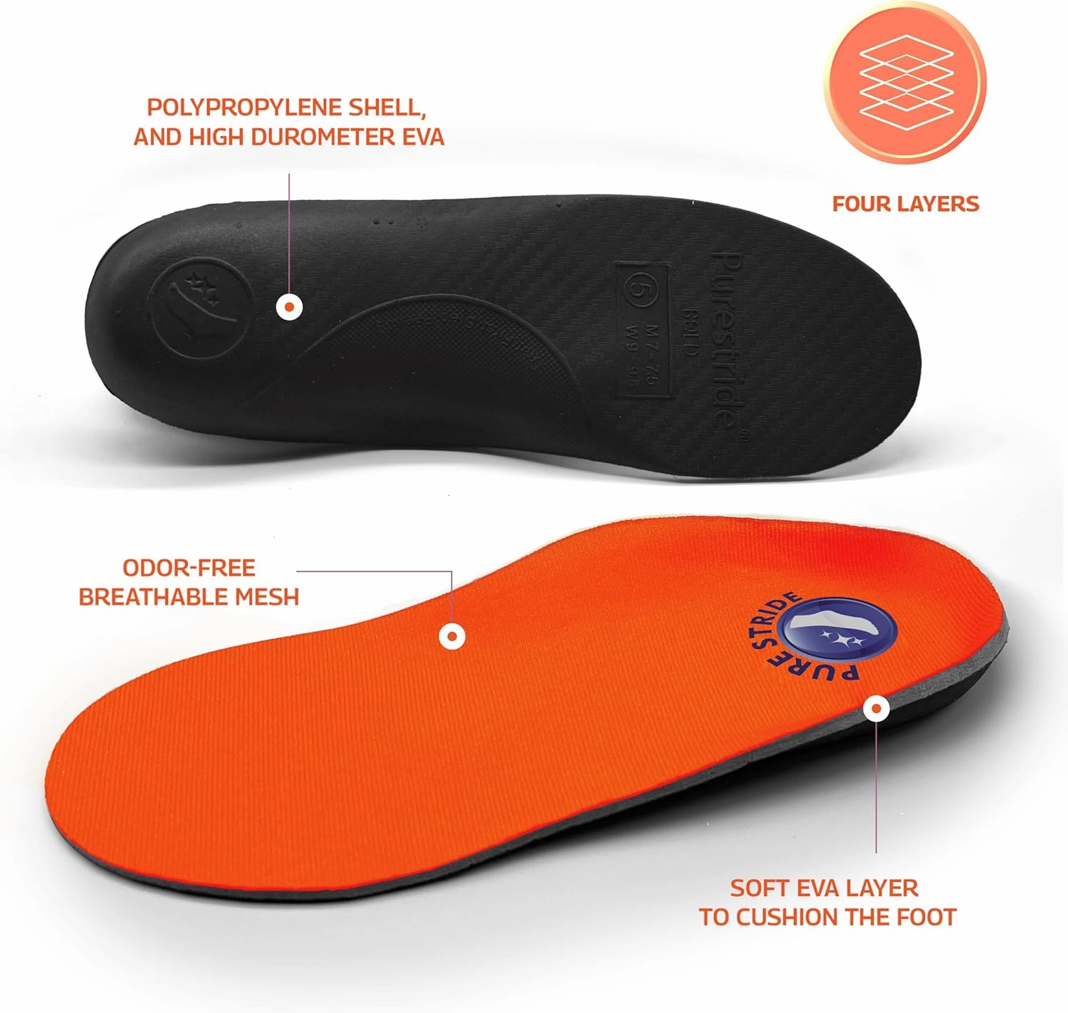 Pure Stride Bold Professional Full Length Orthotics - Shoe Support for Metatarsals, High Arch, Flat Feet - Pain Relief for Plantar Fasciitis, Arch, Heel - 1 Pair, Men 4-4.5/Women's 6-6.5, Bold Orange