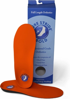 Pure Stride Bold Professional Full Length Orthotics - Shoe Support for Metatarsals, High Arch, Flat Feet - Pain Relief for Plantar Fasciitis, Arch, Heel - 1 Pair, Men 4-4.5/Women's 6-6.5, Bold Orange
