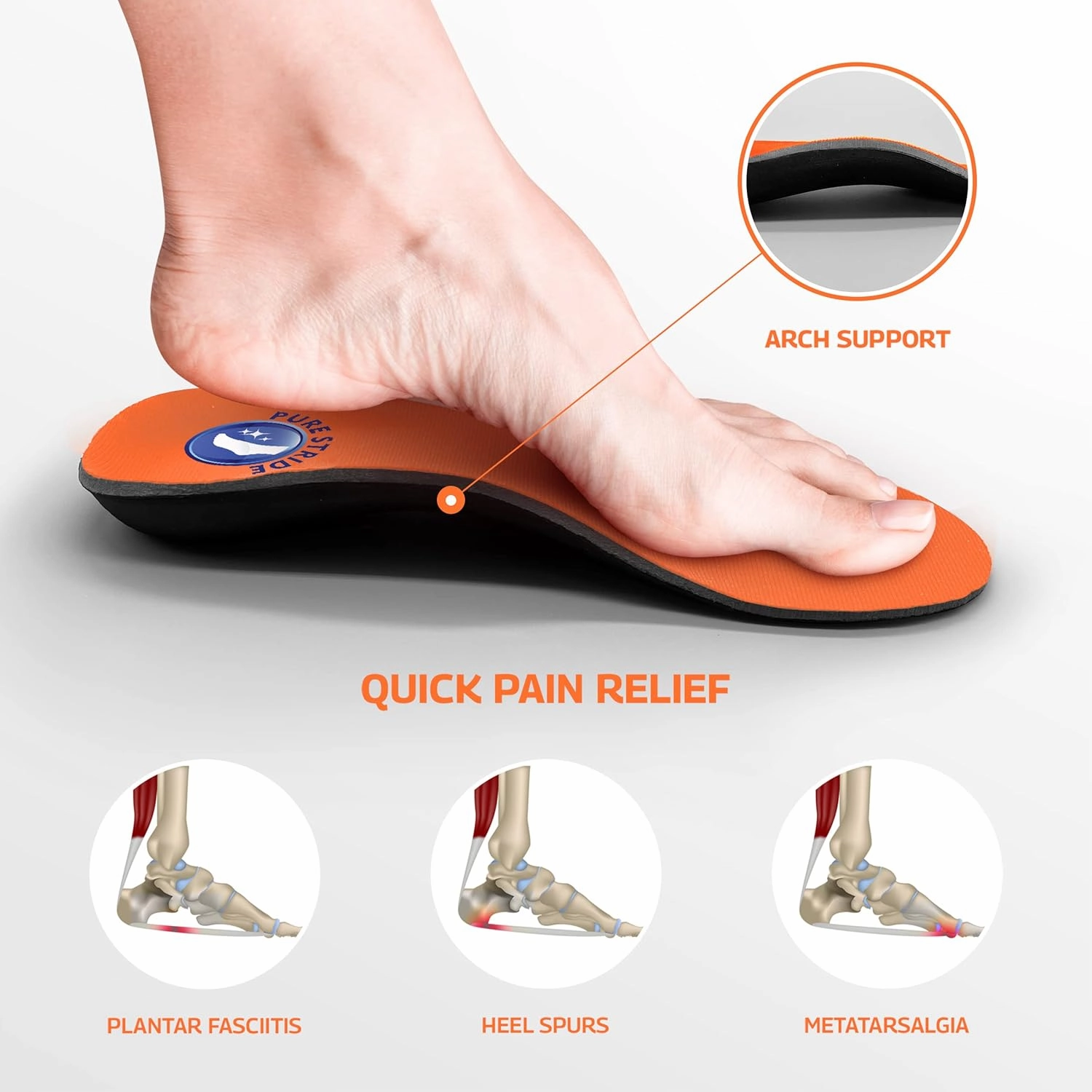 Pure Stride Bold Professional Full Length Orthotics - Shoe Support for Metatarsals, High Arch, Flat Feet - Pain Relief for Plantar Fasciitis, Arch, Heel - 1 Pair, Men 4-4.5/Women's 6-6.5, Bold Orange