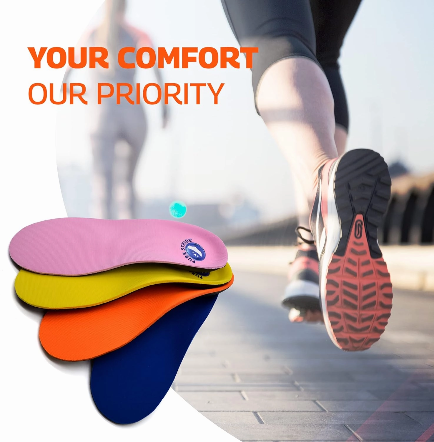 Pure Stride Bold Professional Full Length Orthotics - Shoe Support for Metatarsals, High Arch, Flat Feet - Pain Relief for Plantar Fasciitis, Arch, Heel - 1 Pair, Men 4-4.5/Women's 6-6.5, Bold Orange