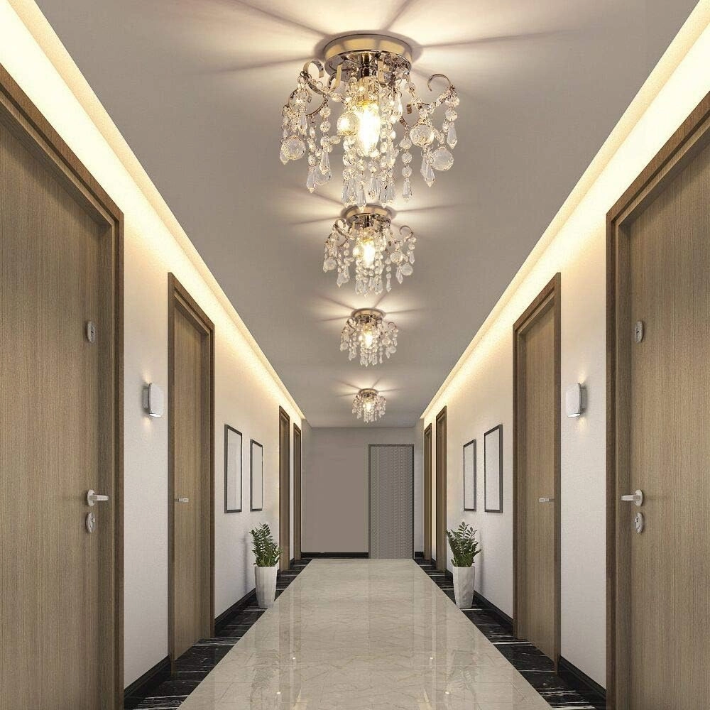 Q&S Small Crystal Chandelier Flush Mount Ceiling Light Fixtures Modern Mini Chandelier Light Fixture for Hallway Entryway Bedroom Bathroom Kitchen,Chrome Metal,Clear K9 Crytal
