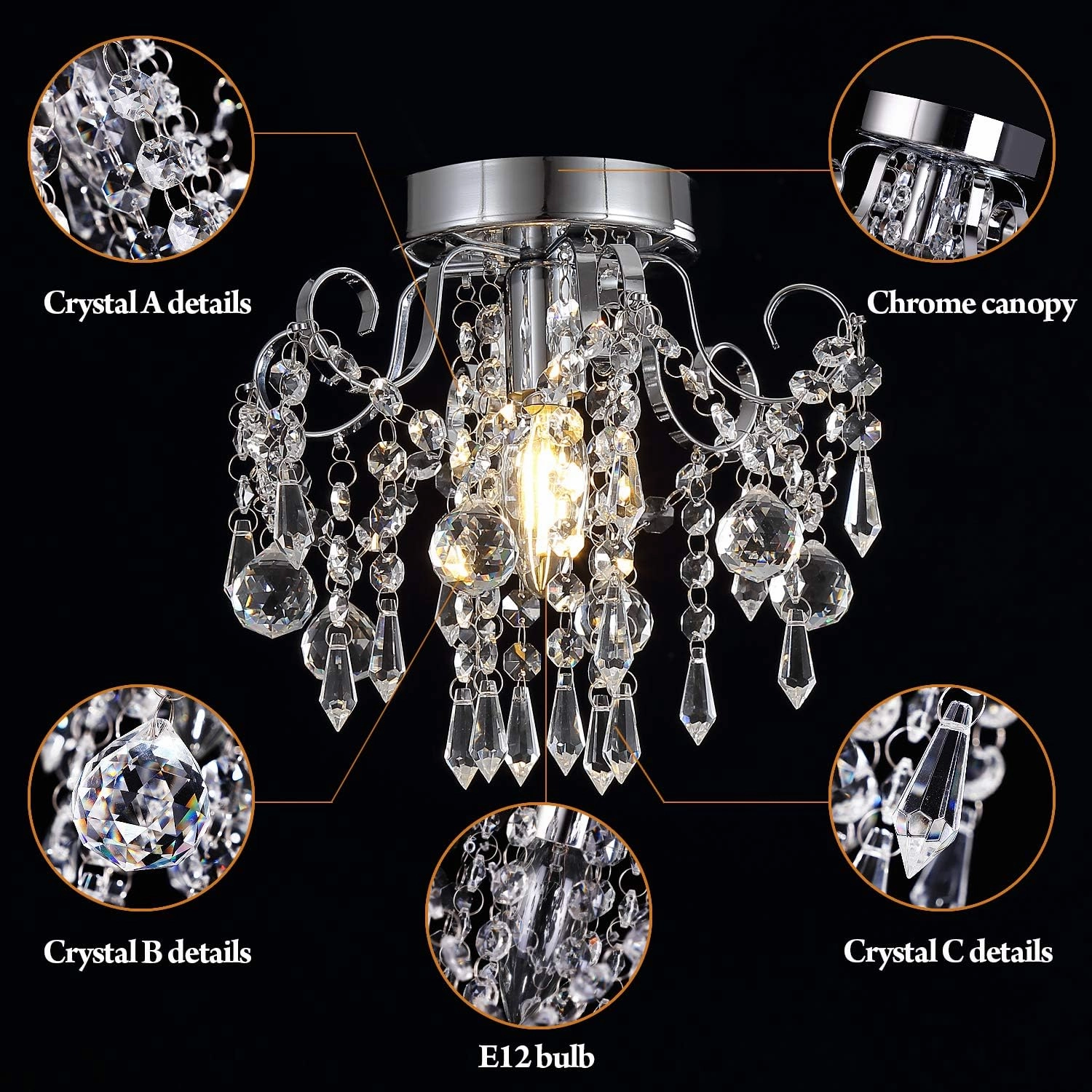 Q&S Small Crystal Chandelier Flush Mount Ceiling Light Fixtures Modern Mini Chandelier Light Fixture for Hallway Entryway Bedroom Bathroom Kitchen,Chrome Metal,Clear K9 Crytal
