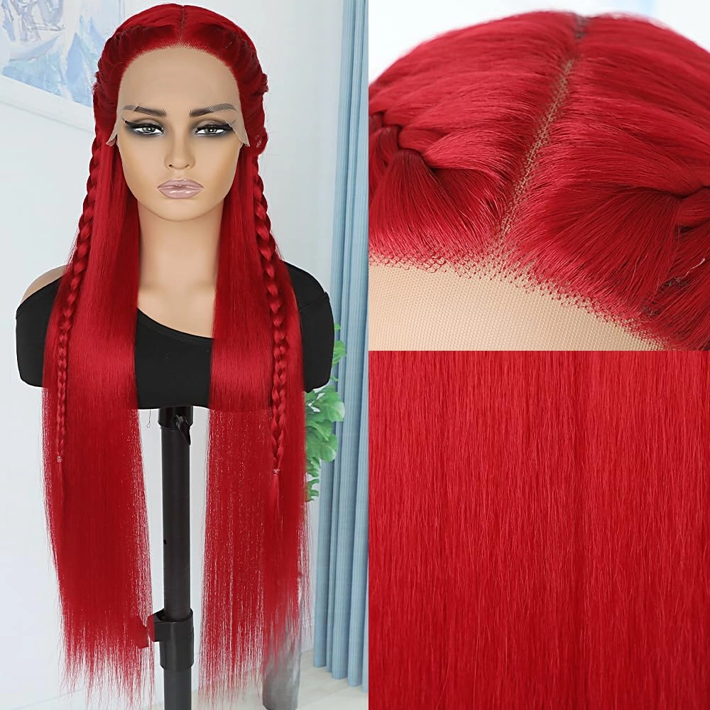 QD-Tizer 30 Inch Red Wigs for Women Long Straight Hair Synthetic Lace Front Wigs Light Yaki Glueless Wig Pre Plucked Natural Hairline Long Red Wigs
