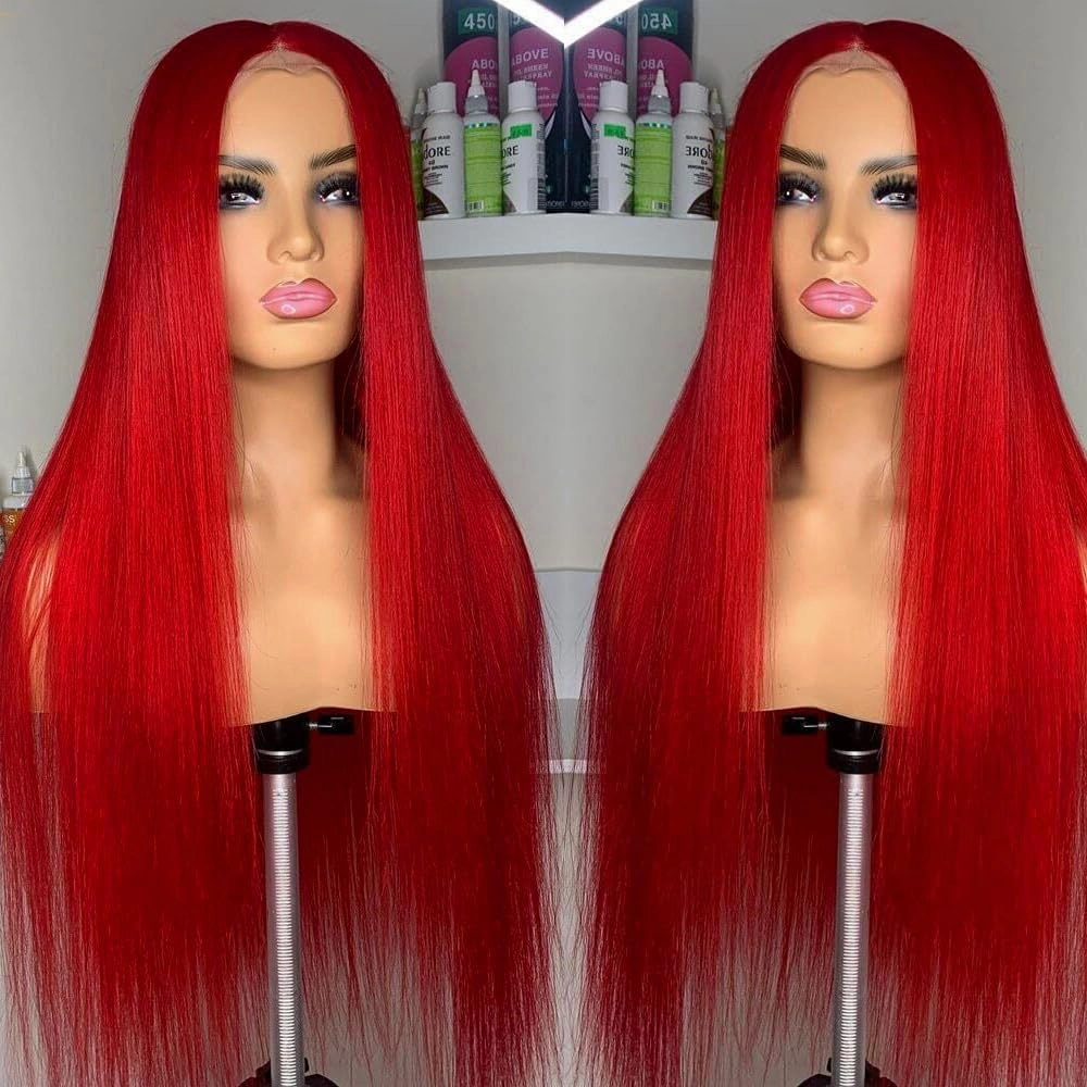 QD-Tizer 30 Inch Red Wigs for Women Long Straight Hair Synthetic Lace Front Wigs Light Yaki Glueless Wig Pre Plucked Natural Hairline Long Red Wigs