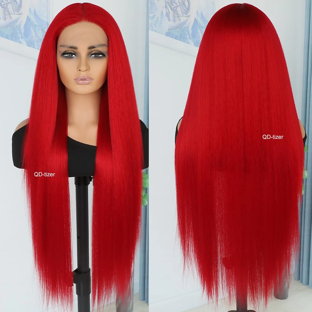 QD-Tizer 30 Inch Red Wigs for Women Long Straight Hair Synthetic Lace Front Wigs Light Yaki Glueless Wig Pre Plucked Natural Hairline Long Red Wigs