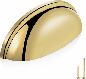 QOGRISUN 5-Pack Unlacquered Brass Cabinet Cup Pulls, Gold Bin Cup Drawer Dresser Handles, 3-Inch Hole Center, Kitchen Cupboard Hardware,Lead-Free Polished Brass Finish
