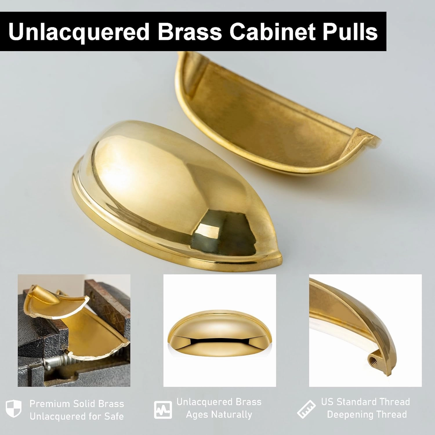 QOGRISUN 5-Pack Unlacquered Brass Cabinet Cup Pulls, Gold Bin Cup Drawer Dresser Handles, 3-Inch Hole Center, Kitchen Cupboard Hardware,Lead-Free Polished Brass Finish