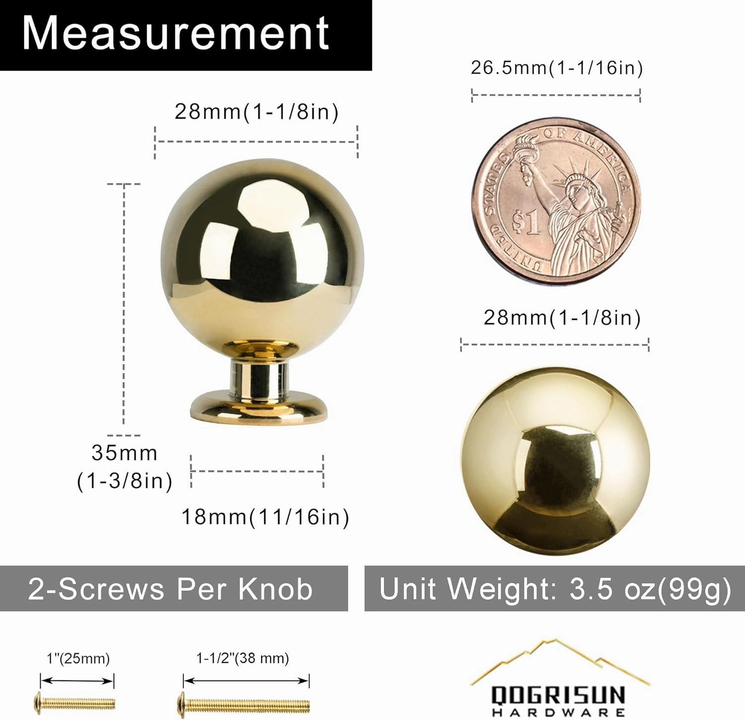 QOGRISUN 5-Pack Unlacquered Brass Cabinet Knobs, Round Ball Gold Knobs for Dresser Drawer, 1.1-Inch Diameter, Sphere Cabinet Pulls,Lead-Free Polished Brass Finish