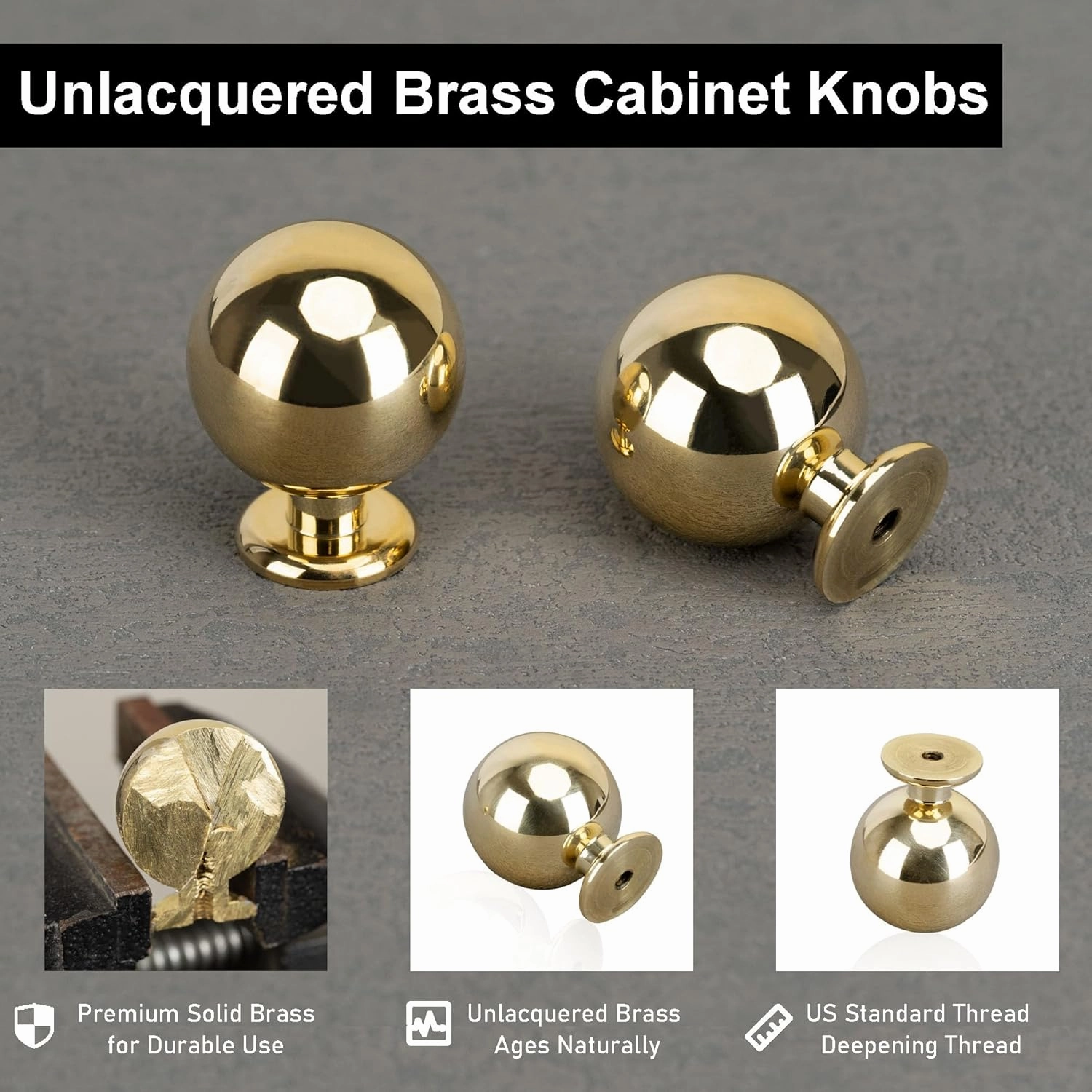 QOGRISUN 5-Pack Unlacquered Brass Cabinet Knobs, Round Ball Gold Knobs for Dresser Drawer, 1.1-Inch Diameter, Sphere Cabinet Pulls,Lead-Free Polished Brass Finish