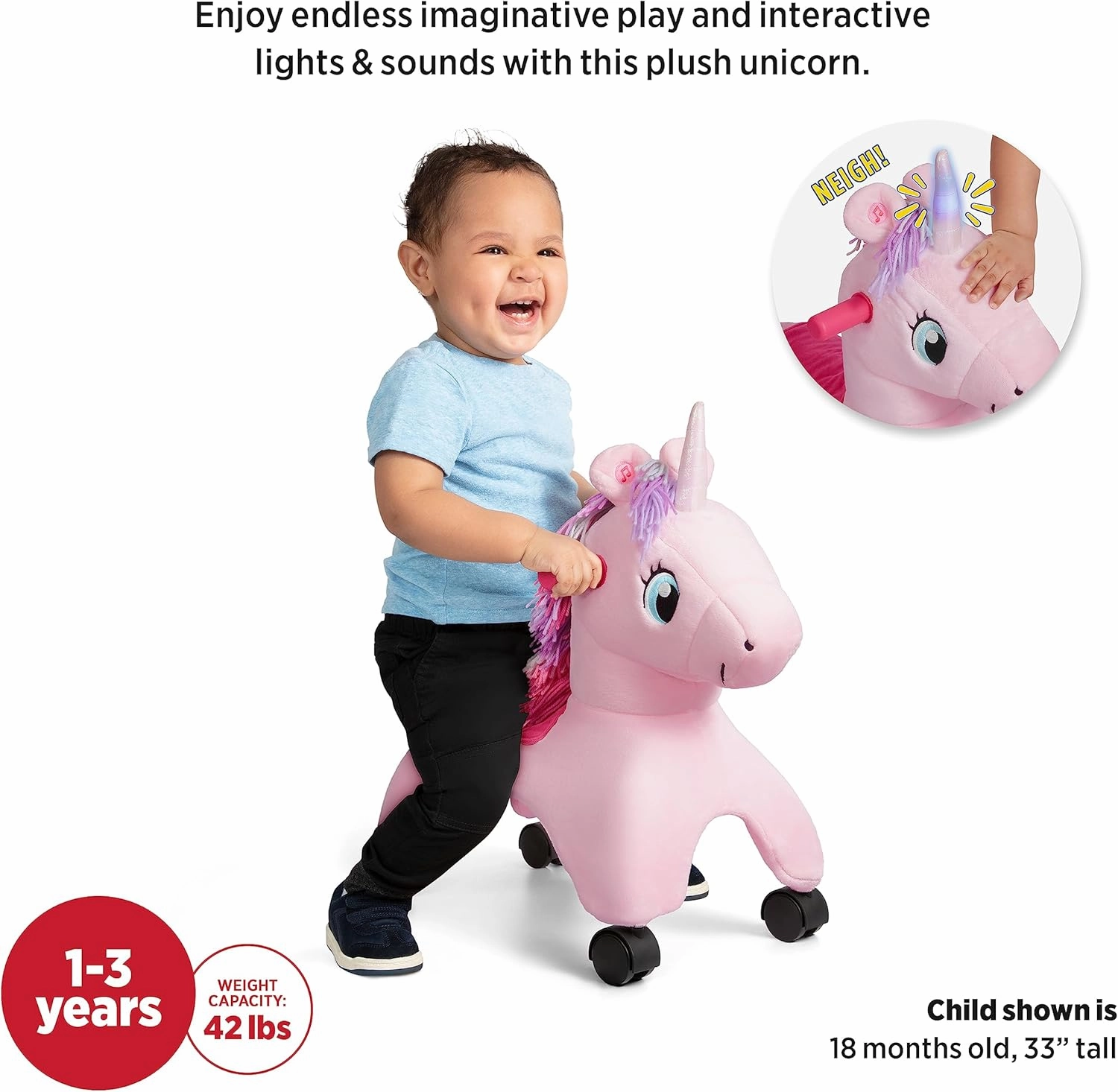 Radio Flyer Shimmer The Magical Unicorn with Interactive Lights and Sounds, Ride On Toy for Toddlers Ages 1-3, Pink Unicorn Toy for Kids