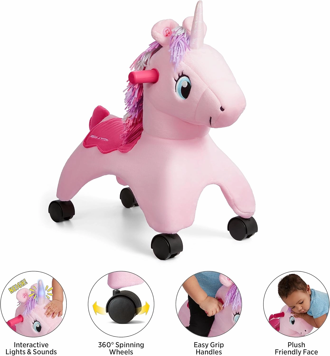 Radio Flyer Shimmer The Magical Unicorn with Interactive Lights and Sounds, Ride On Toy for Toddlers Ages 1-3, Pink Unicorn Toy for Kids