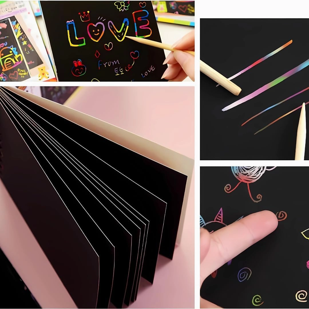 Rainbow Scratch Paper Notebook - 10 Pages with Wooden Stylus Black Magic Scratch Art Pad for Kids Creative Drawing & Sketching (Black-2)