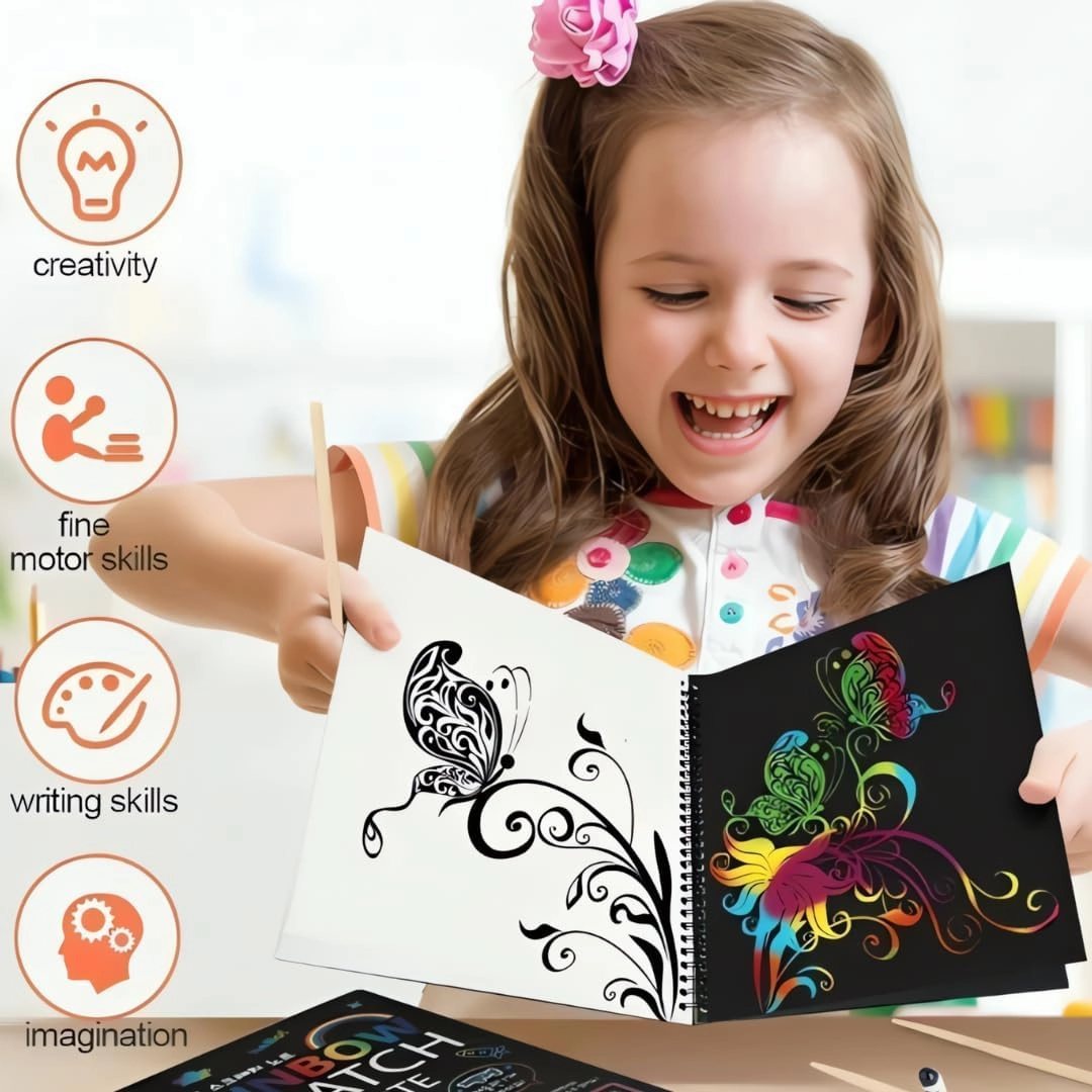 Rainbow Scratch Paper Notebook - 10 Pages with Wooden Stylus Black Magic Scratch Art Pad for Kids Creative Drawing & Sketching (Black-2)