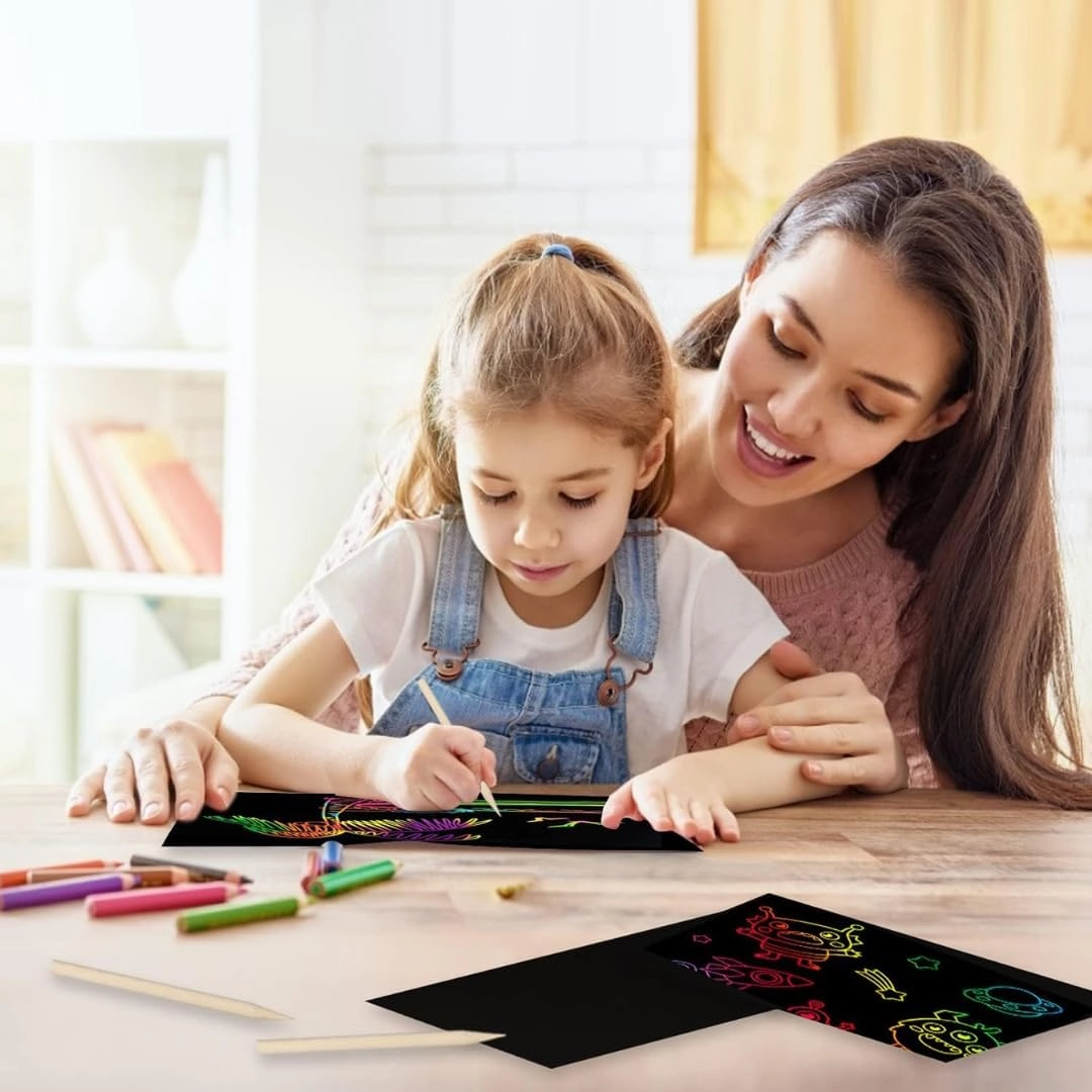 Rainbow Scratch Paper Notebook - 10 Pages with Wooden Stylus Black Magic Scratch Art Pad for Kids Creative Drawing & Sketching (Black-2)