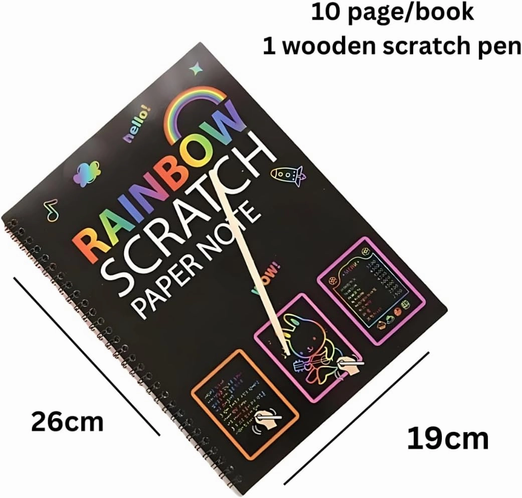 Rainbow Scratch Paper Notebook - 10 Pages with Wooden Stylus Black Magic Scratch Art Pad for Kids Creative Drawing & Sketching (Black-2)