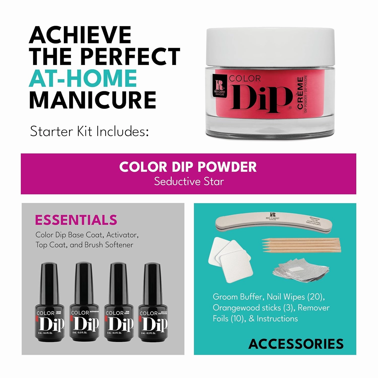 RC Red Carpet Manicure Dip Nail Powder Starter Kit - No UV/LED Needed, Long-Lasting, Non-Irritating, Odorless, Vibrant, Up to 21 Days Wear, Easy DIY Manicure at Home.