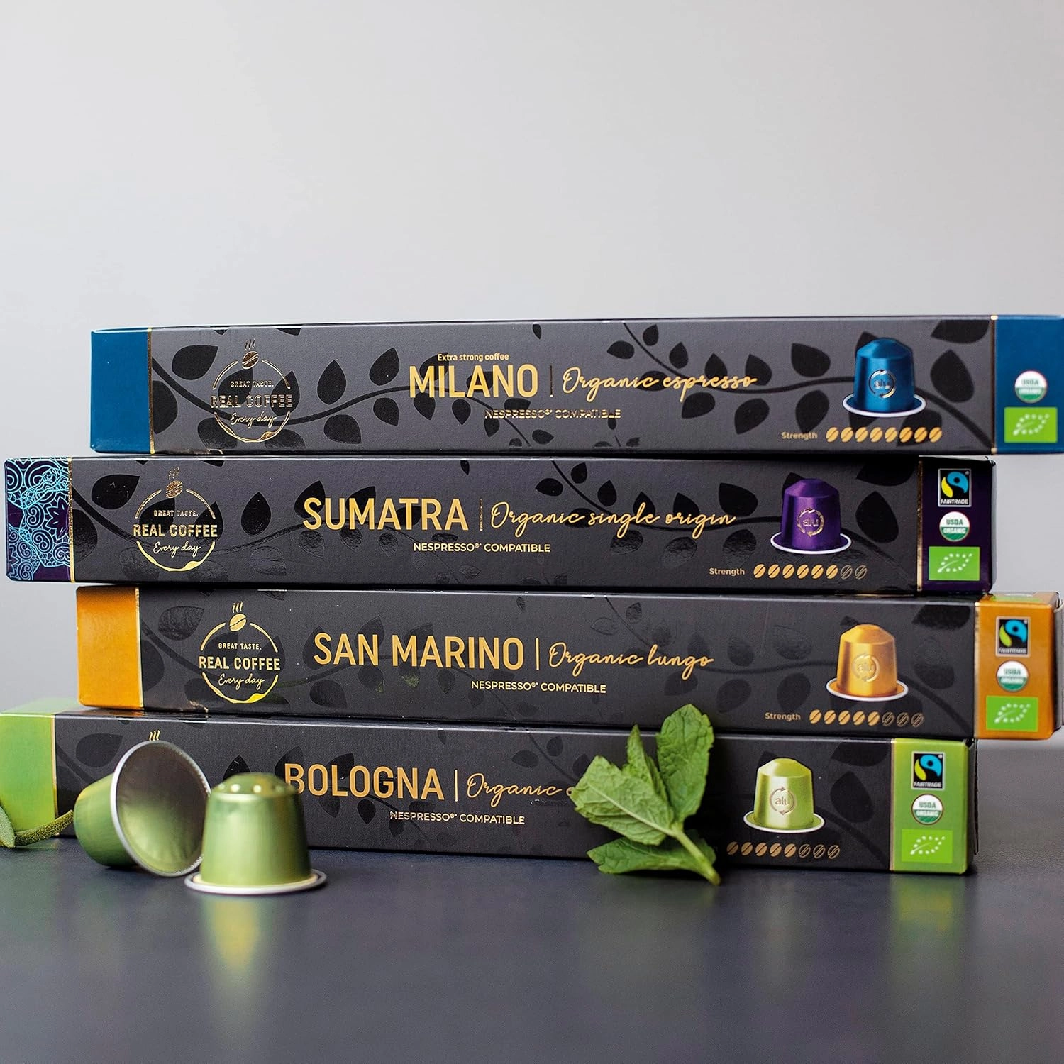 Real Coffee Strong Espresso Variety Pack for Nespresso | 100 Bold Aluminum Capsules | 6 Intense Italian Flavors | 100% Nespresso Compatible Pods
