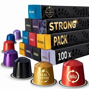 Real Coffee Strong Espresso Variety Pack for Nespresso | 100 Bold Aluminum Capsules | 6 Intense Italian Flavors | 100% Nespresso Compatible Pods