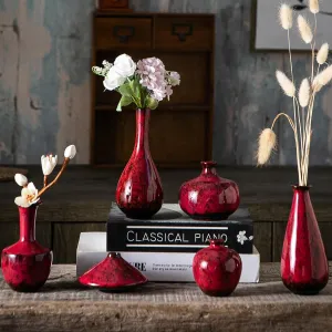 Red Ceramic Bud Vases, Set of 6 Small Glazed Pottery Vases for Floral Arrangements, Decorative Rustic Vases for Modern Farmhouse Home Decor, Living Room, Dining Table Centerpieces