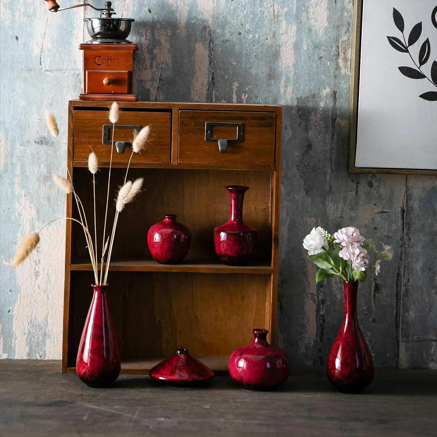 Red Ceramic Bud Vases, Set of 6 Small Glazed Pottery Vases for Floral Arrangements, Decorative Rustic Vases for Modern Farmhouse Home Decor, Living Room, Dining Table Centerpieces