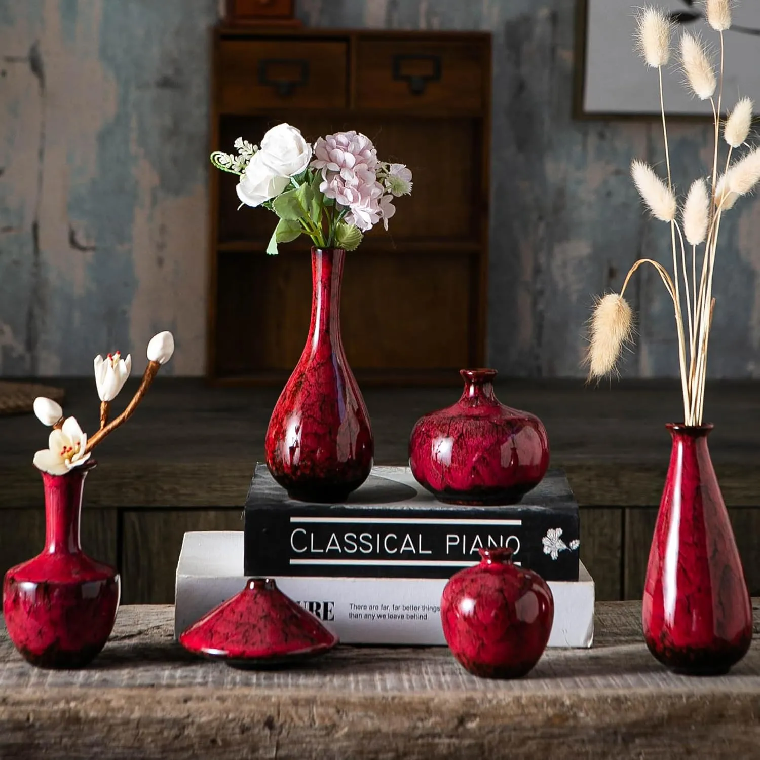 Red Ceramic Bud Vases, Set of 6 Small Glazed Pottery Vases for Floral Arrangements, Decorative Rustic Vases for Modern Farmhouse Home Decor, Living Room, Dining Table Centerpieces