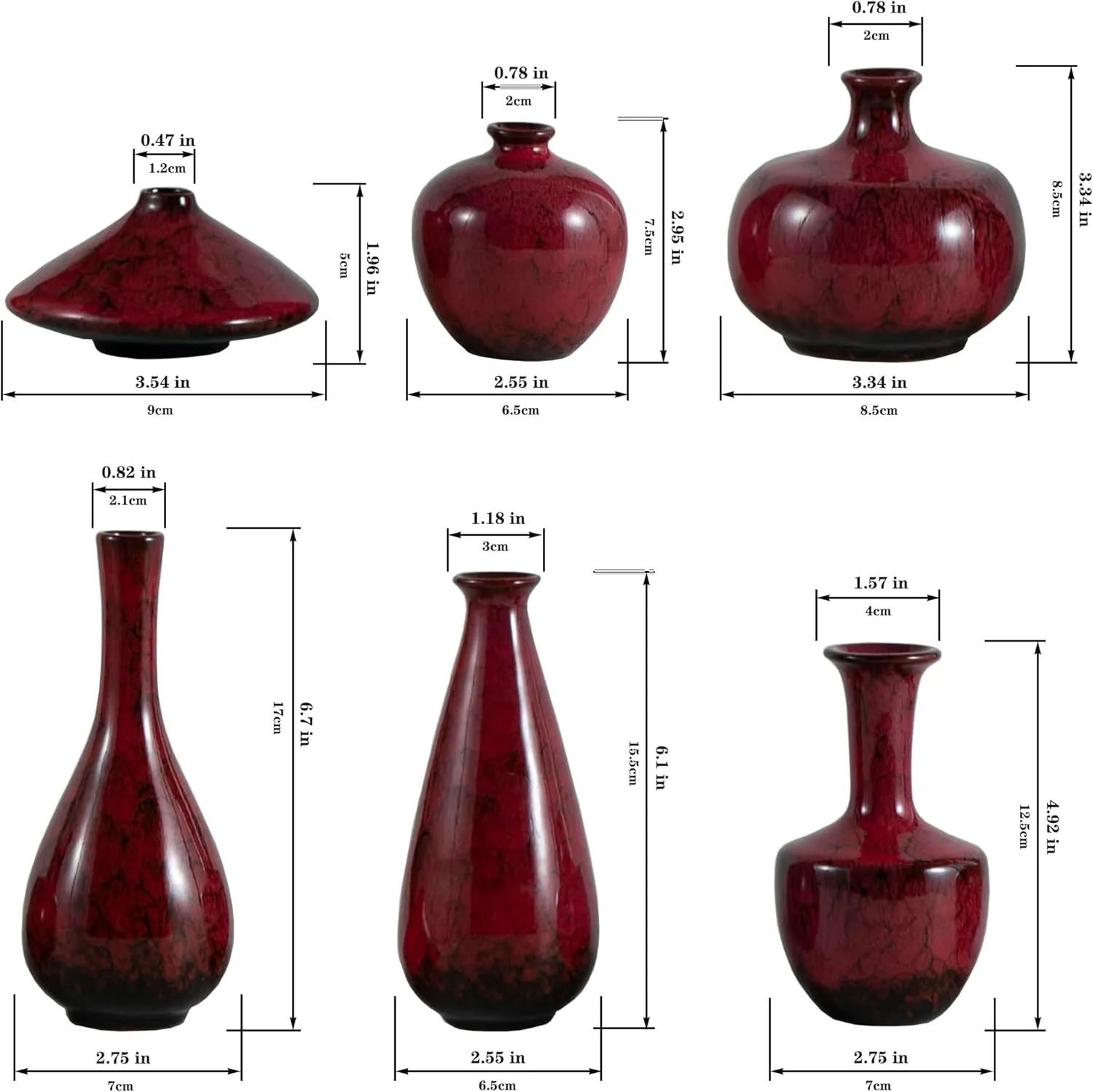 Red Ceramic Bud Vases, Set of 6 Small Glazed Pottery Vases for Floral Arrangements, Decorative Rustic Vases for Modern Farmhouse Home Decor, Living Room, Dining Table Centerpieces