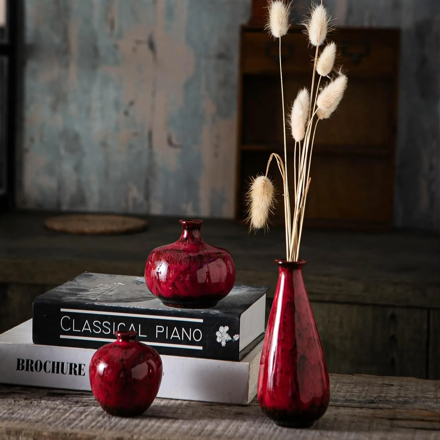 Red Ceramic Bud Vases, Set of 6 Small Glazed Pottery Vases for Floral Arrangements, Decorative Rustic Vases for Modern Farmhouse Home Decor, Living Room, Dining Table Centerpieces