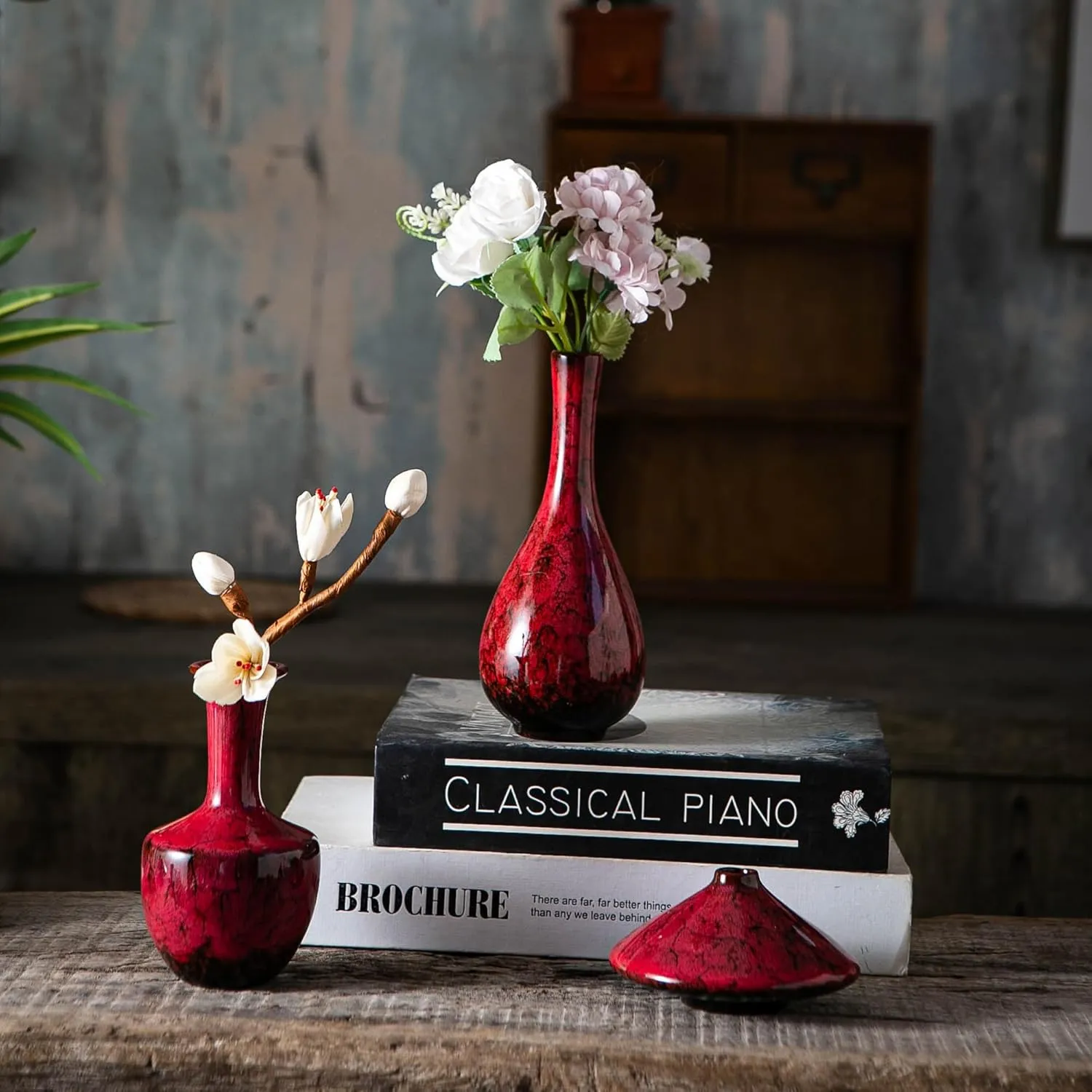 Red Ceramic Bud Vases, Set of 6 Small Glazed Pottery Vases for Floral Arrangements, Decorative Rustic Vases for Modern Farmhouse Home Decor, Living Room, Dining Table Centerpieces